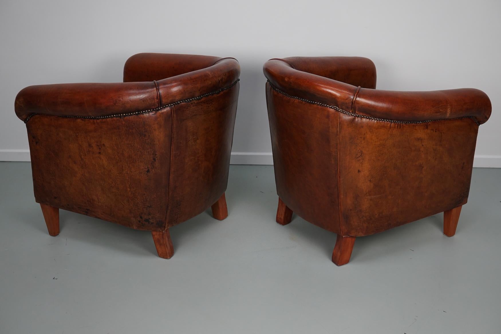 Vintage Dutch Cognac Colored Leather Club Chair, Set of 2 7