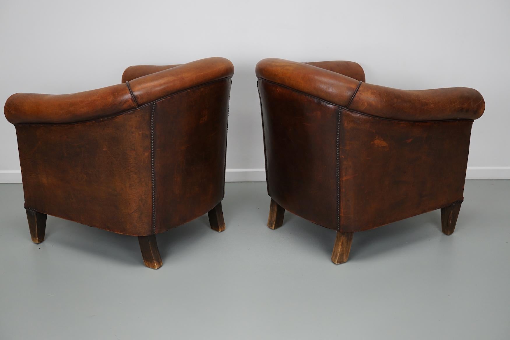 Vintage Dutch Cognac Colored Leather Club Chair, Set of 2 9