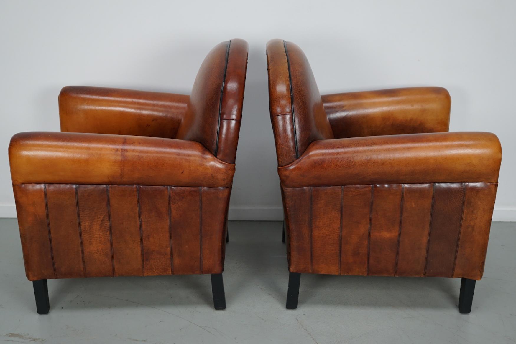 Silla Club Vintage holandesa de cuero color coñac, juego de 2 en venta 6