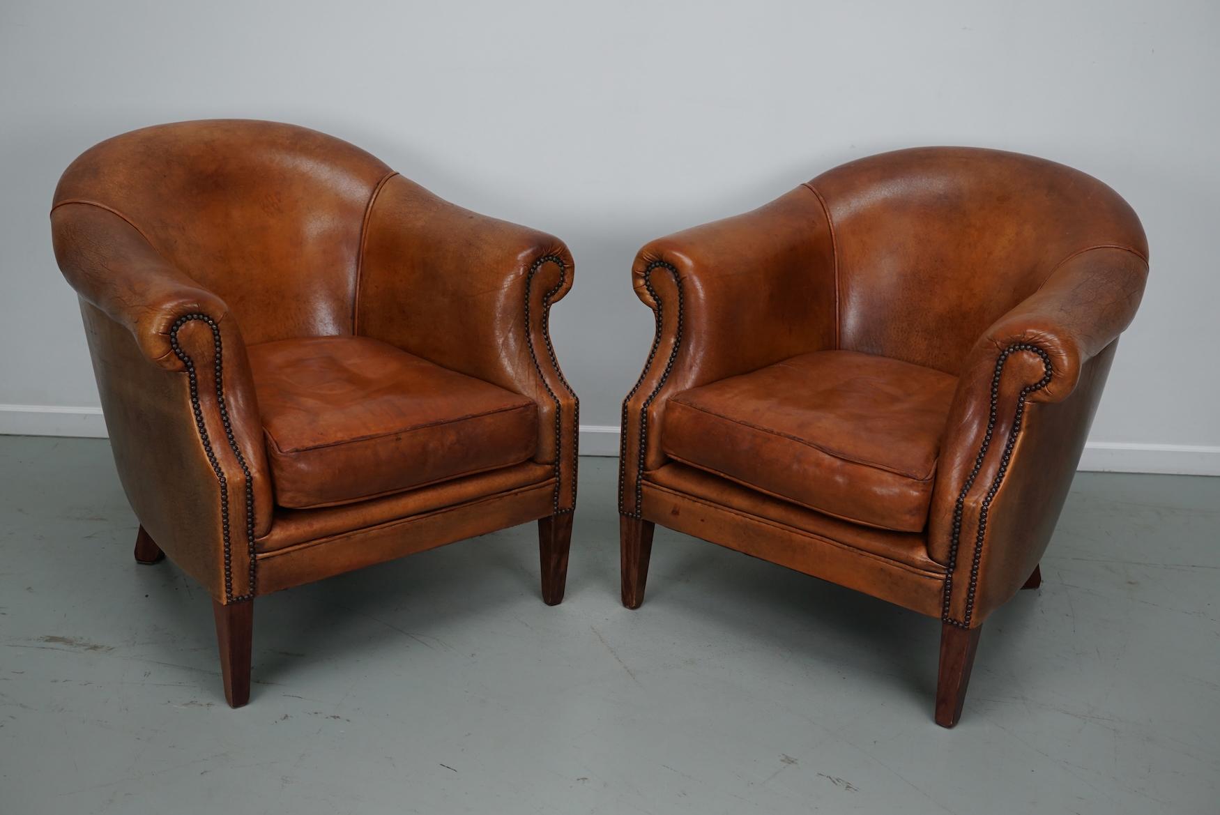 Fauteuil club néerlandais vintage en cuir de couleur cognac, lot de 2 6