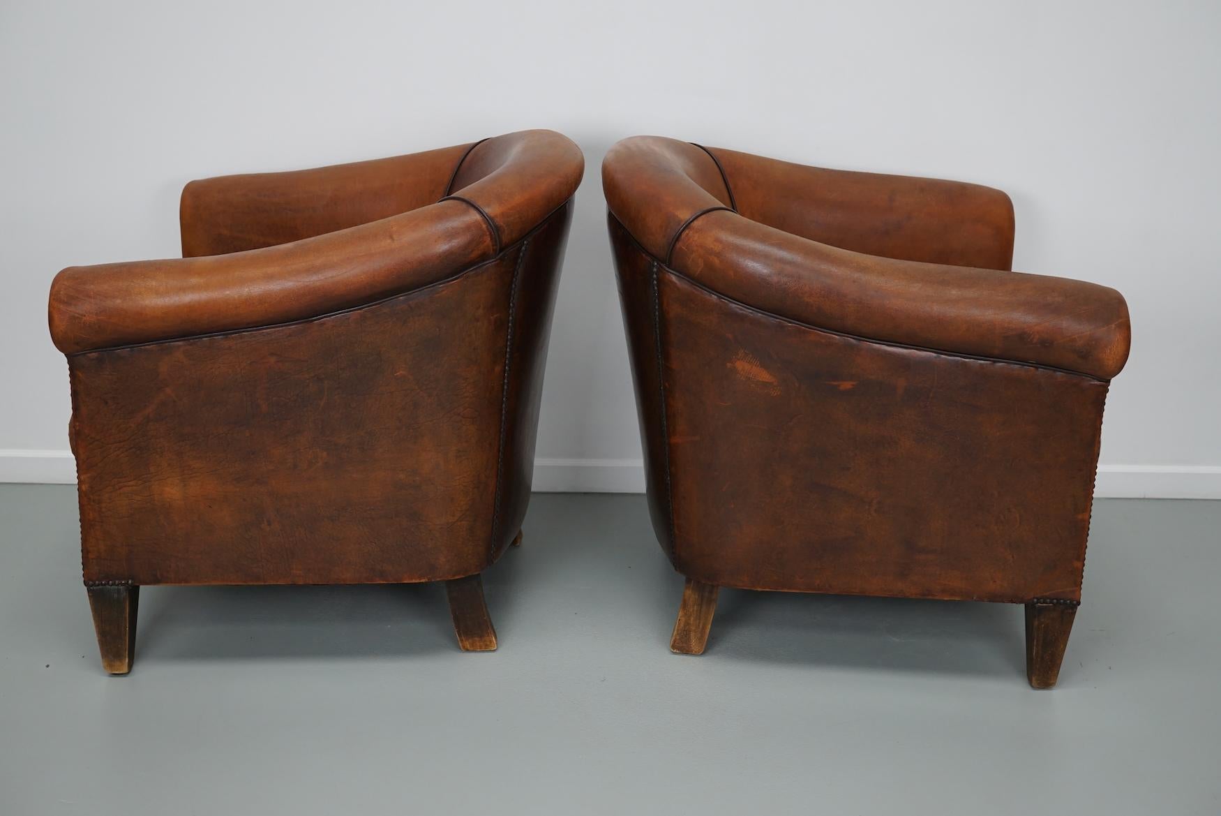 Vintage Dutch Cognac Colored Leather Club Chair, Set of 2 For Sale 10