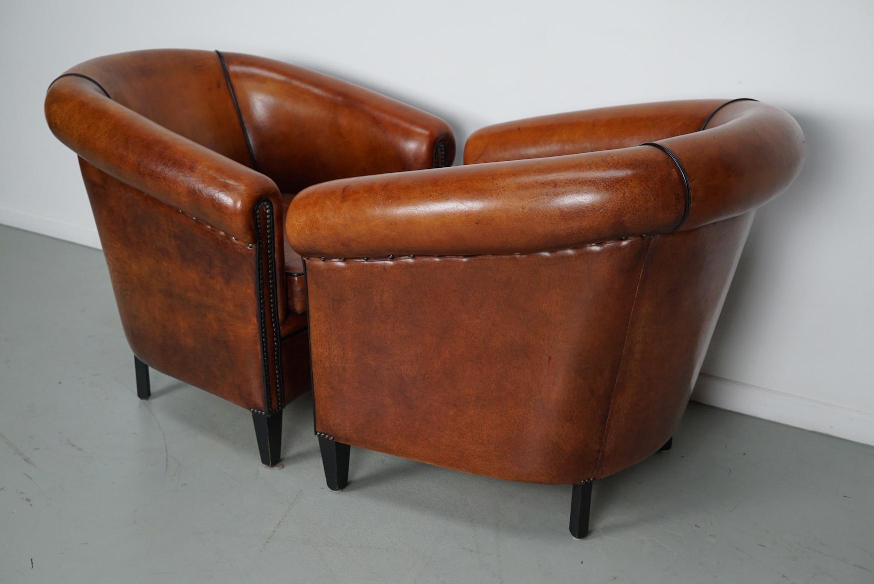 Vintage Dutch Cognac Colored Leather Club Chair, Set of 2 11