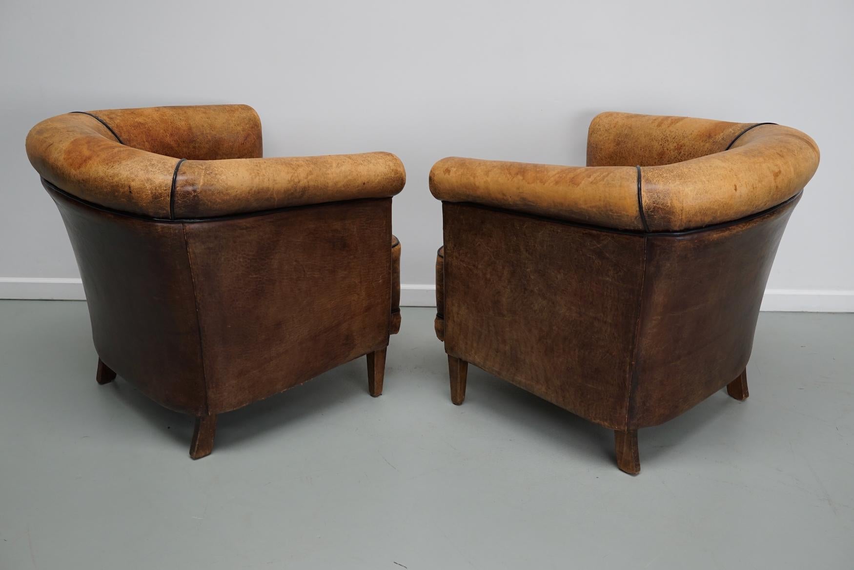Vintage Dutch Cognac Colored Leather Club Chair, Set of 2 For Sale 11