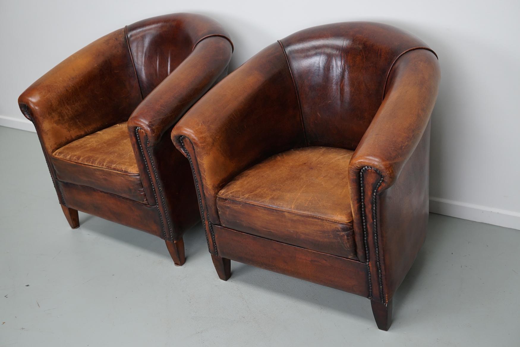 Vintage Dutch Cognac Colored Leather Club Chair, Set of 2 11