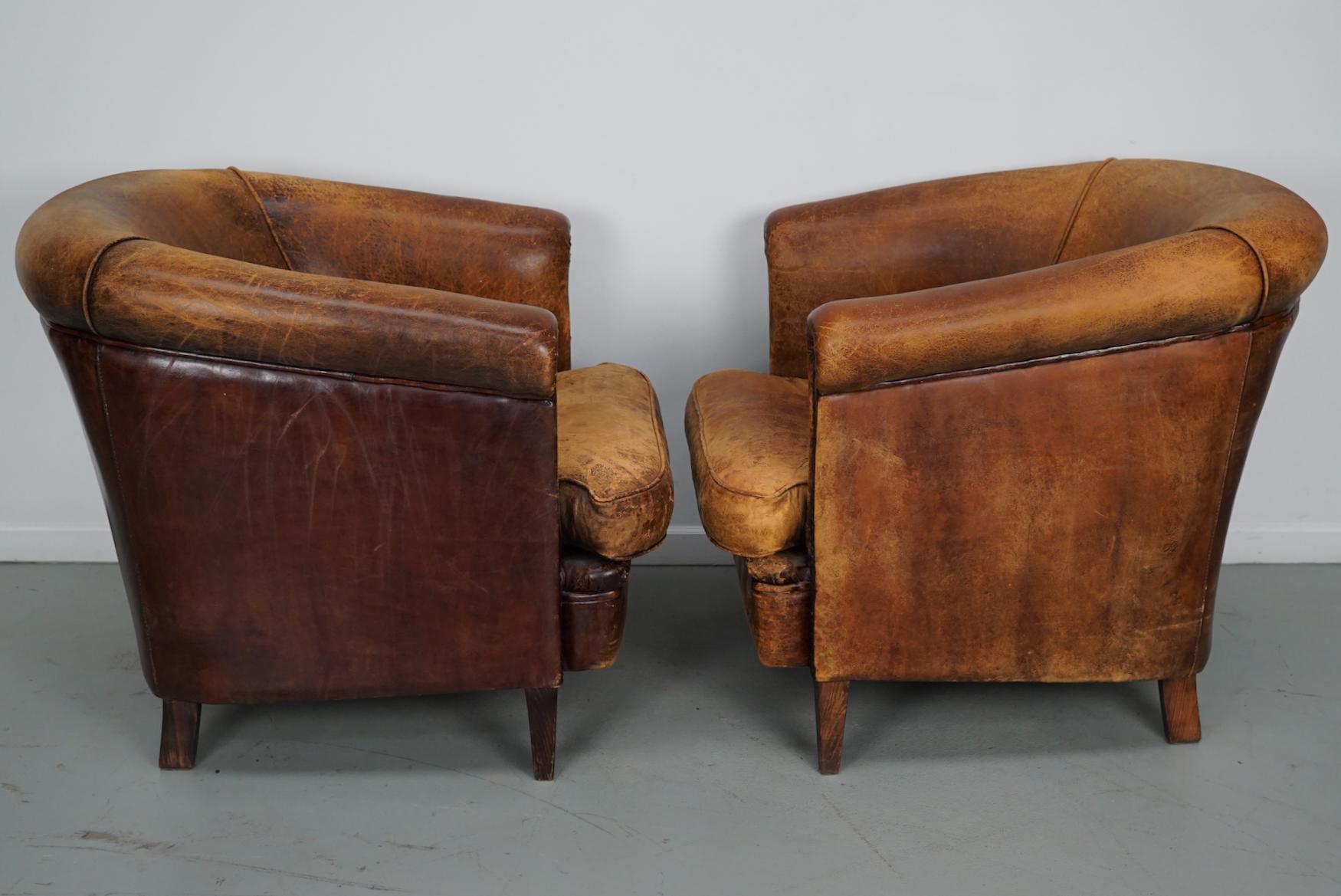 Vintage Dutch Cognac Colored Leather Club Chair, Set of 2 13