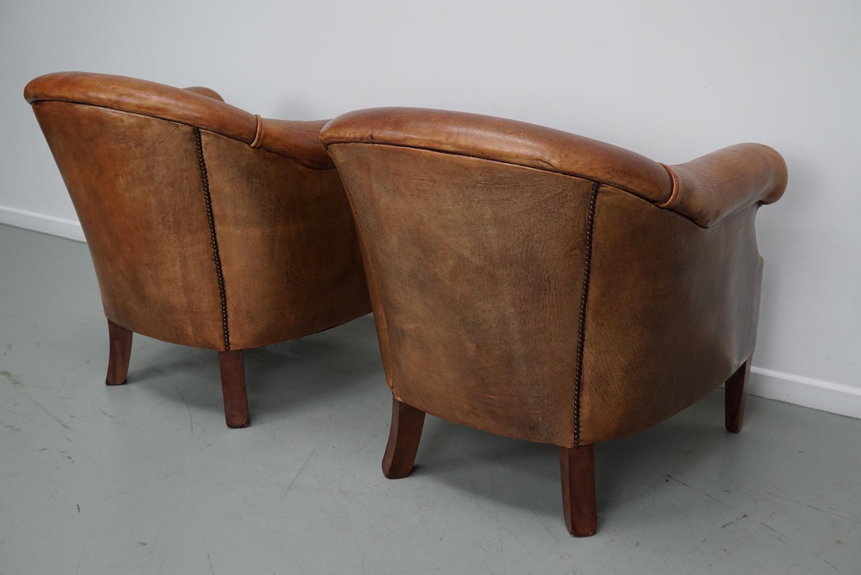 Fauteuil club néerlandais vintage en cuir de couleur cognac, lot de 2 11