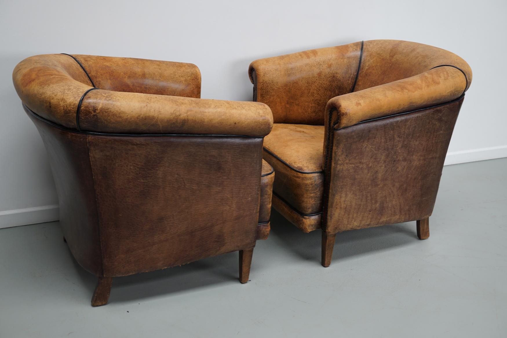 Vintage Dutch Cognac Colored Leather Club Chair, Set of 2 For Sale 13