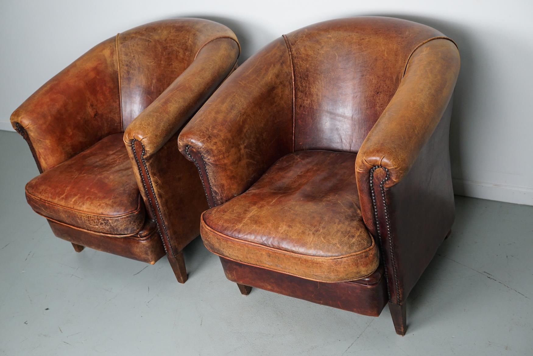 Vintage Dutch Cognac Colored Leather Club Chair, Set of 2 For Sale 13
