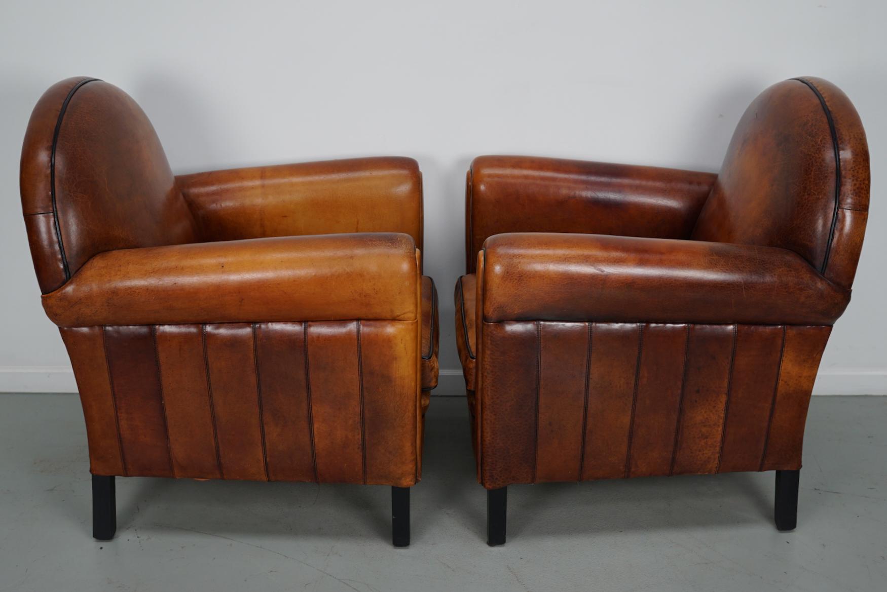 Silla Club Vintage holandesa de cuero color coñac, juego de 2 en venta 12