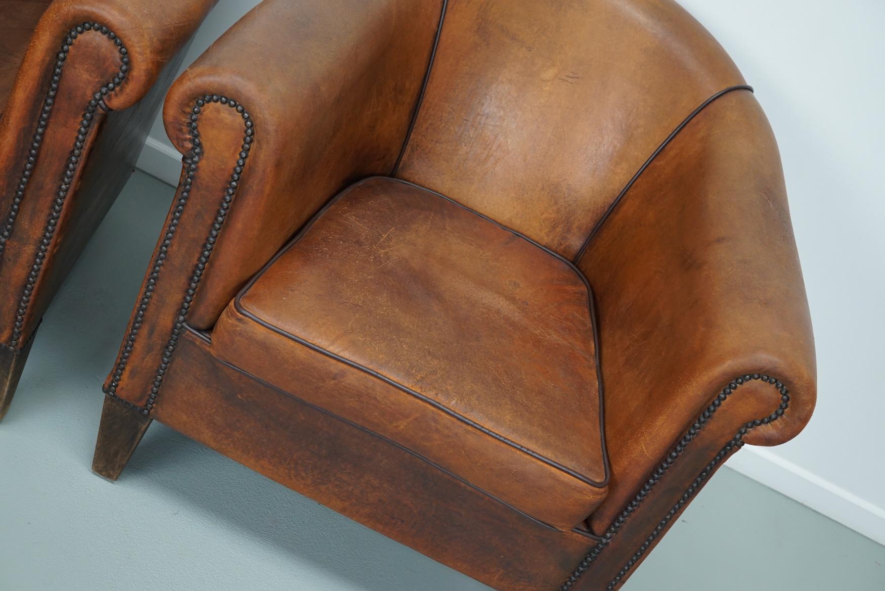Vintage Dutch Cognac Colored Leather Club Chair, Set of 2 In Good Condition For Sale In Nijmegen, NL