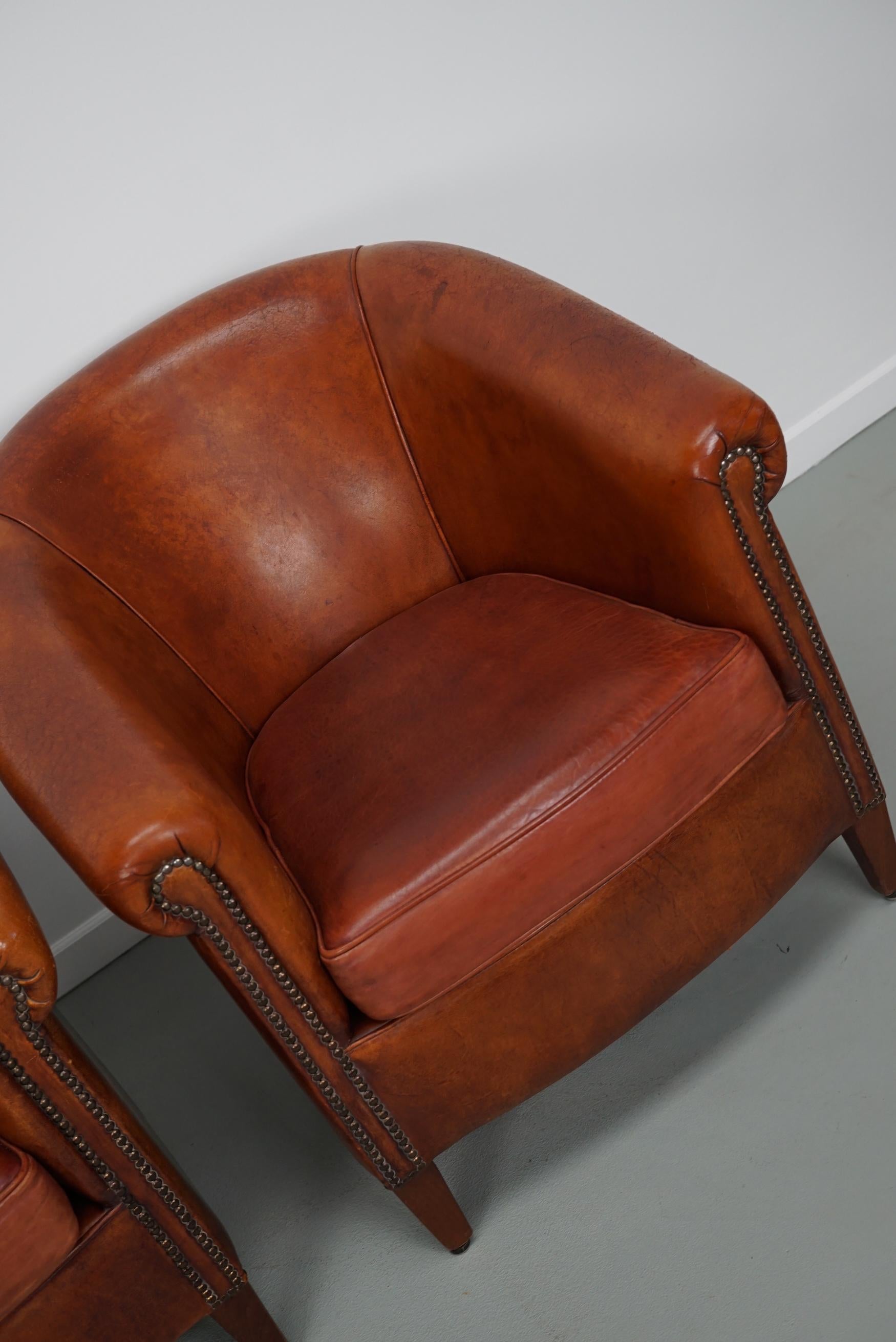 Dieses Paar cognacfarbener Lederclubsessel stammt aus den Niederlanden. Sie sind mit cognacfarbenem Leder gepolstert und mit Metallnieten und Holzbeinen versehen.