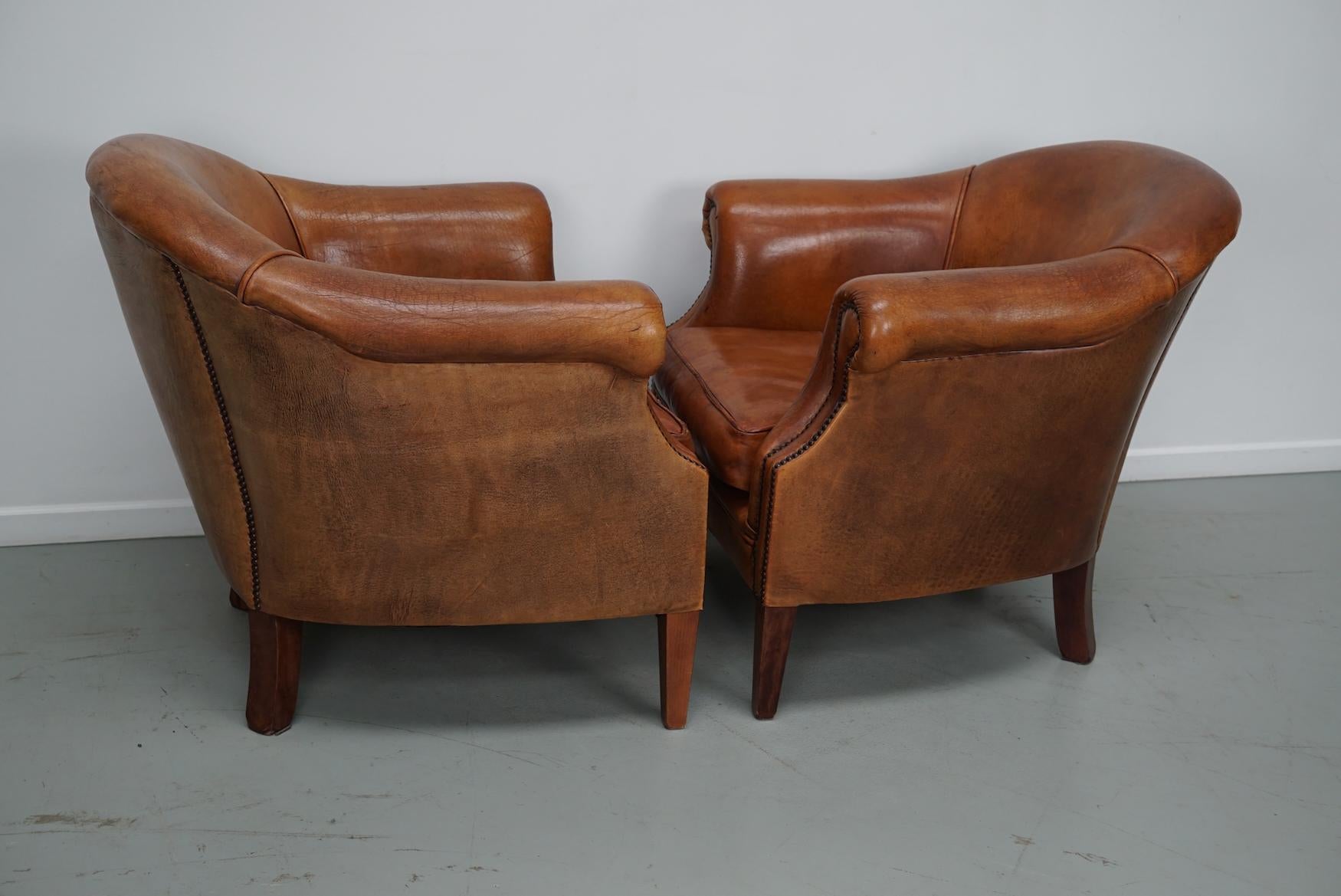 Fauteuil club néerlandais vintage en cuir de couleur cognac, lot de 2 14