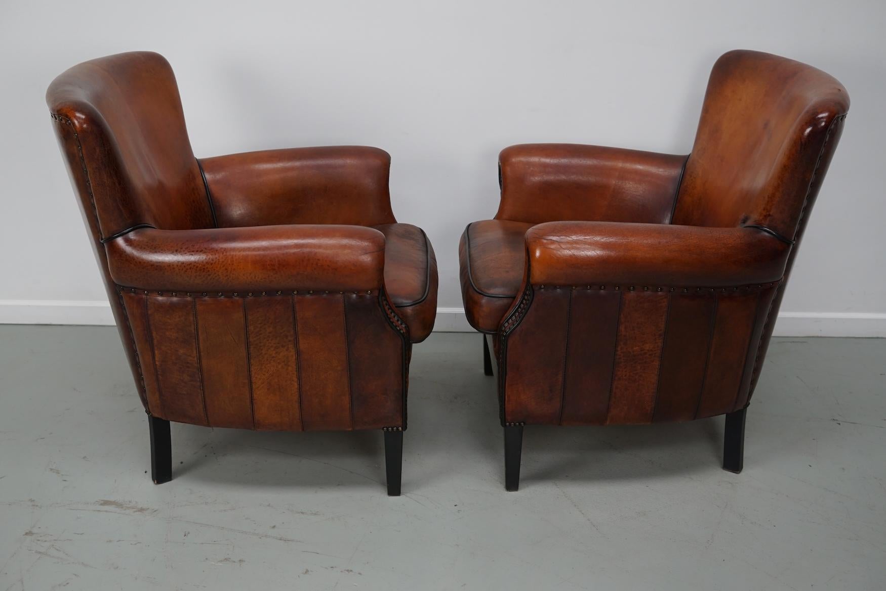 holländischer Cognacfarbener Clubsessel aus Leder, 2er-Set im Angebot 14