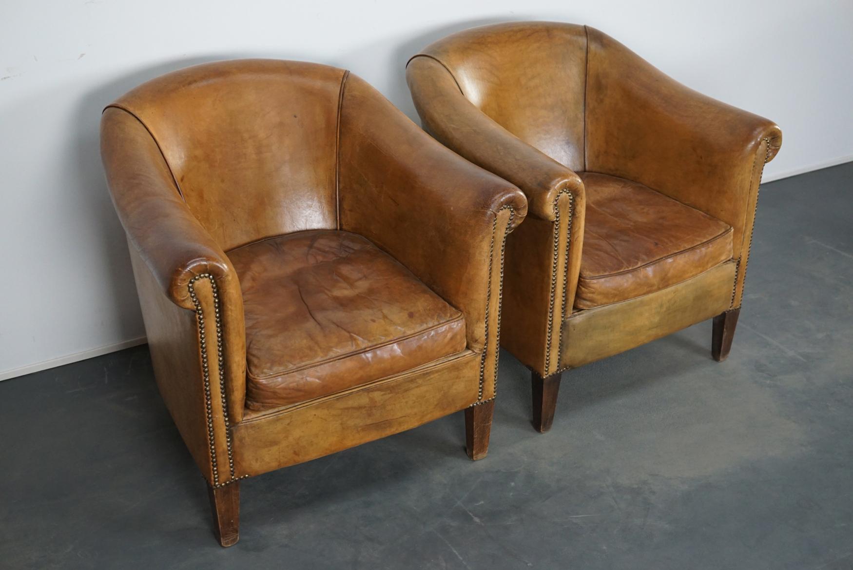 Industrial Vintage Dutch Cognac-Colored Leather Club Chair, Set of 2