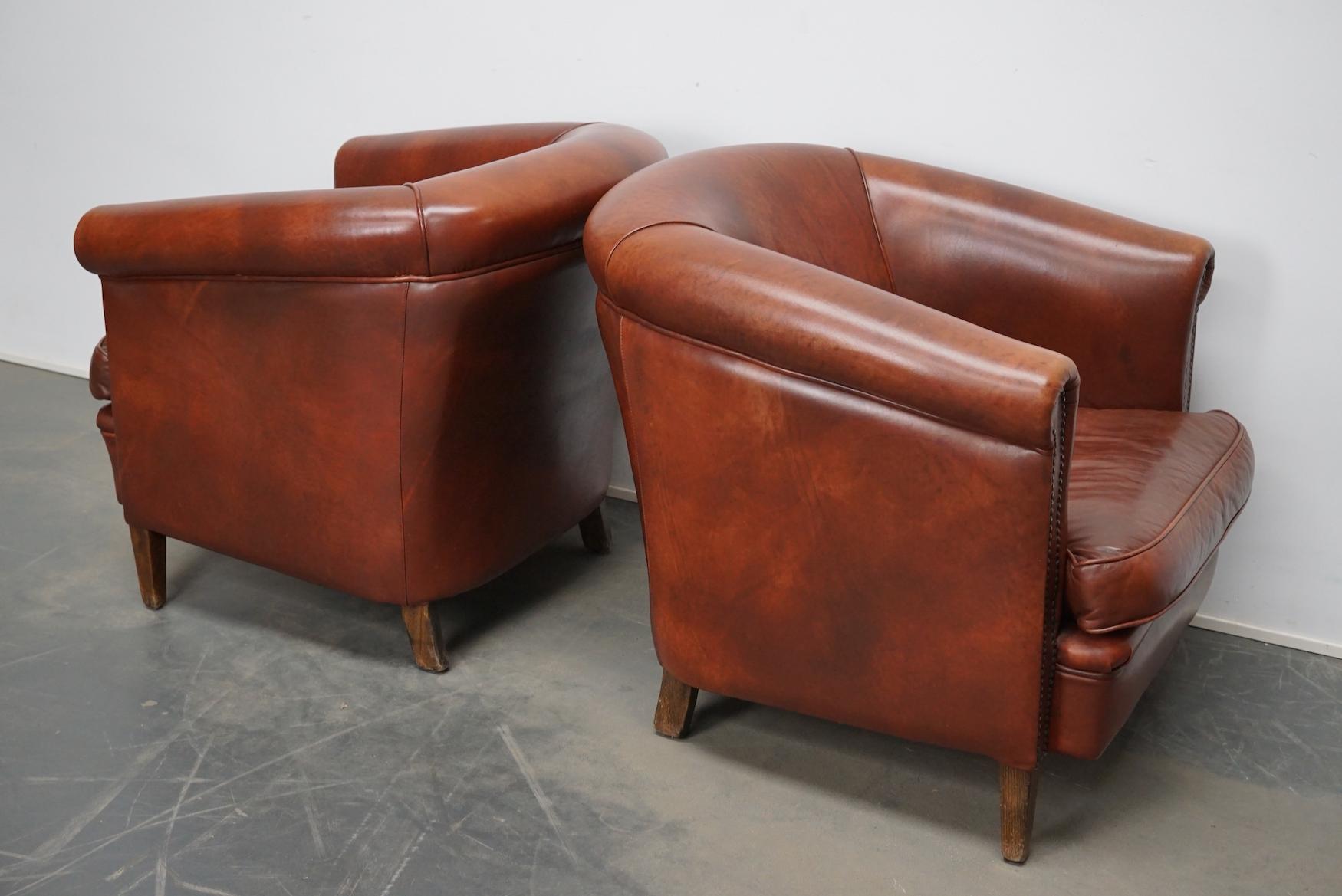 Industrial Vintage Dutch Cognac Colored Leather Club Chair, Set of 2