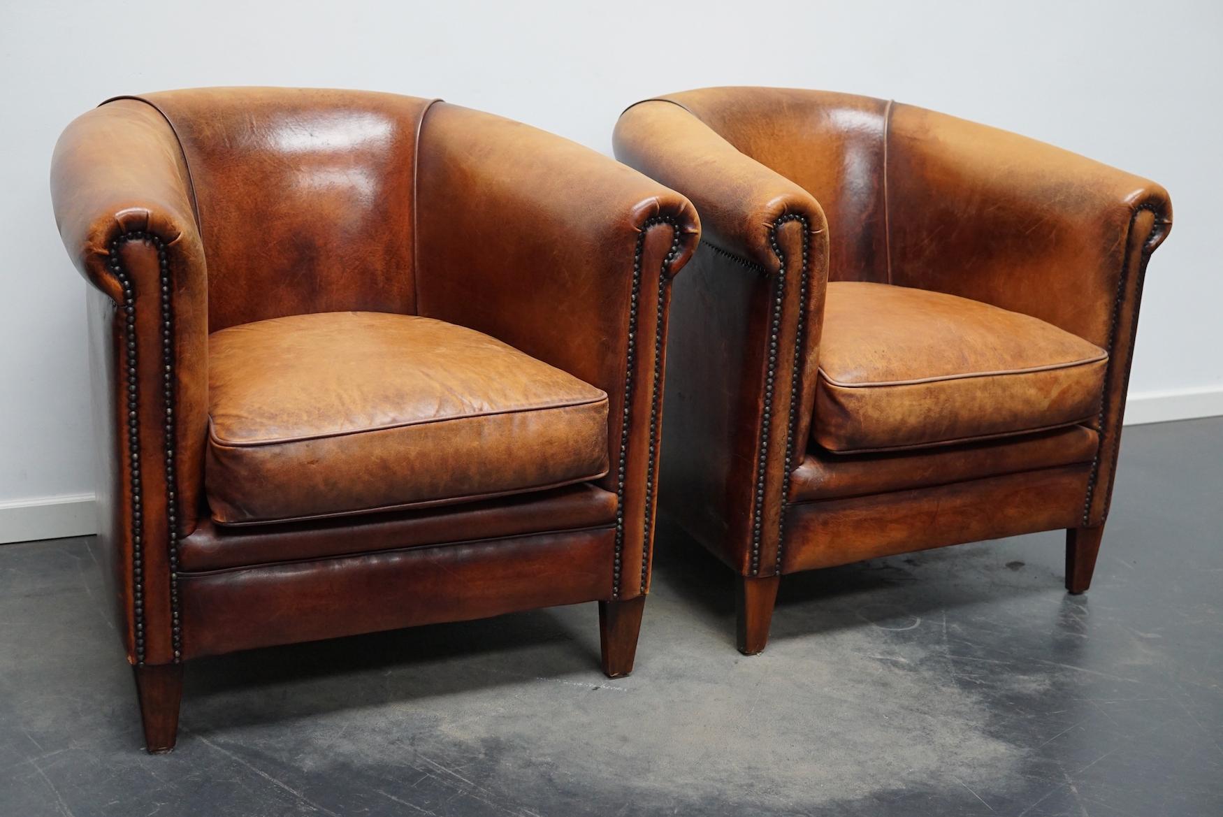 Industrial Vintage Dutch Cognac Colored Leather Club Chair, Set of 2