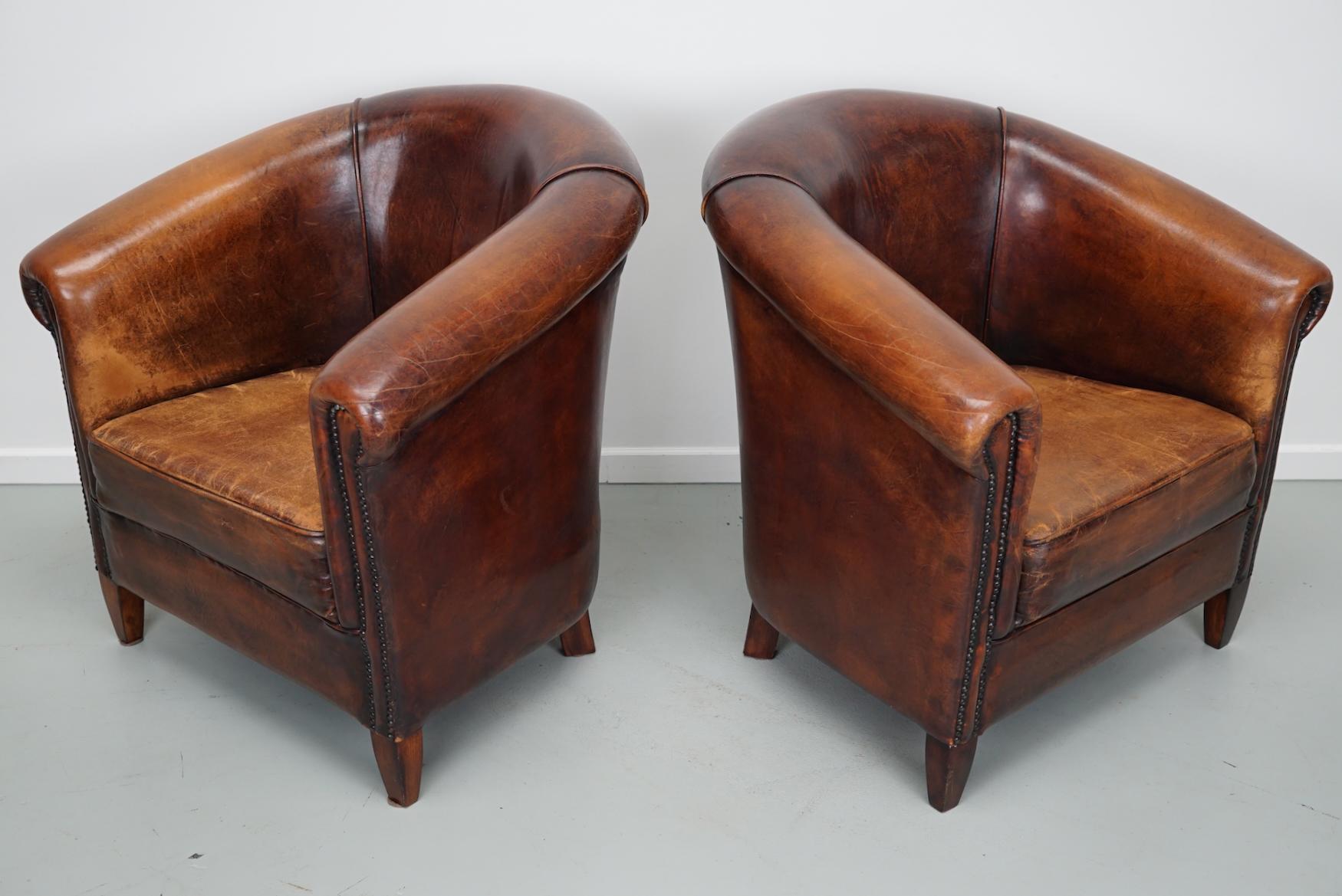 Industrial Vintage Dutch Cognac Colored Leather Club Chair, Set of 2