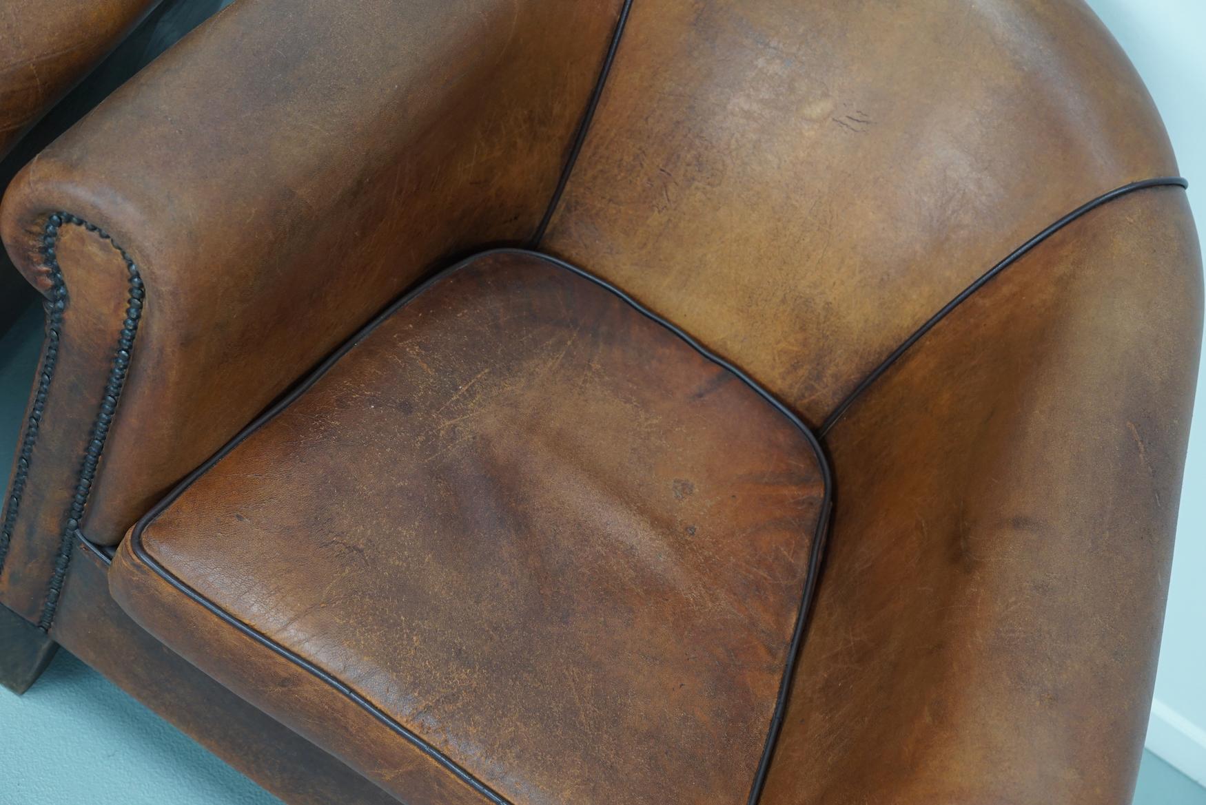 Late 20th Century Vintage Dutch Cognac Colored Leather Club Chair, Set of 2 For Sale