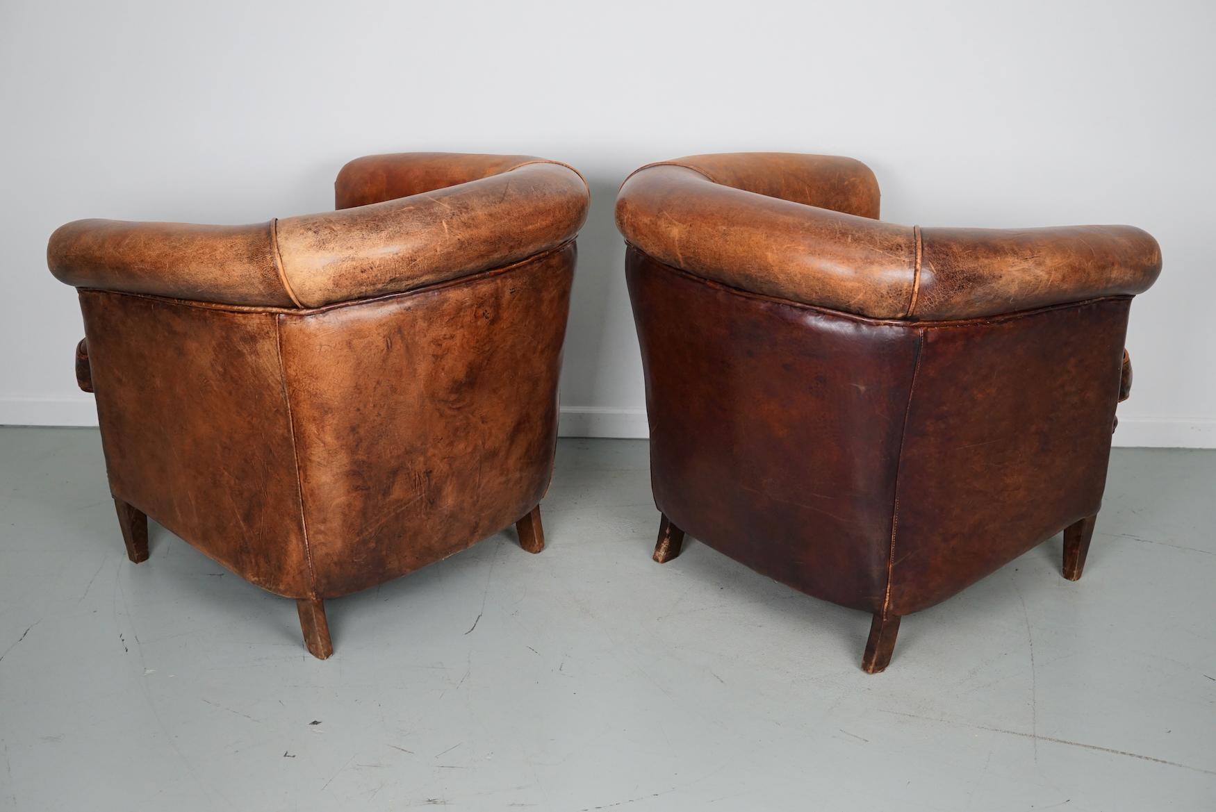 Industrial Vintage Dutch Cognac Colored Leather Club Chair, Set of 2 For Sale