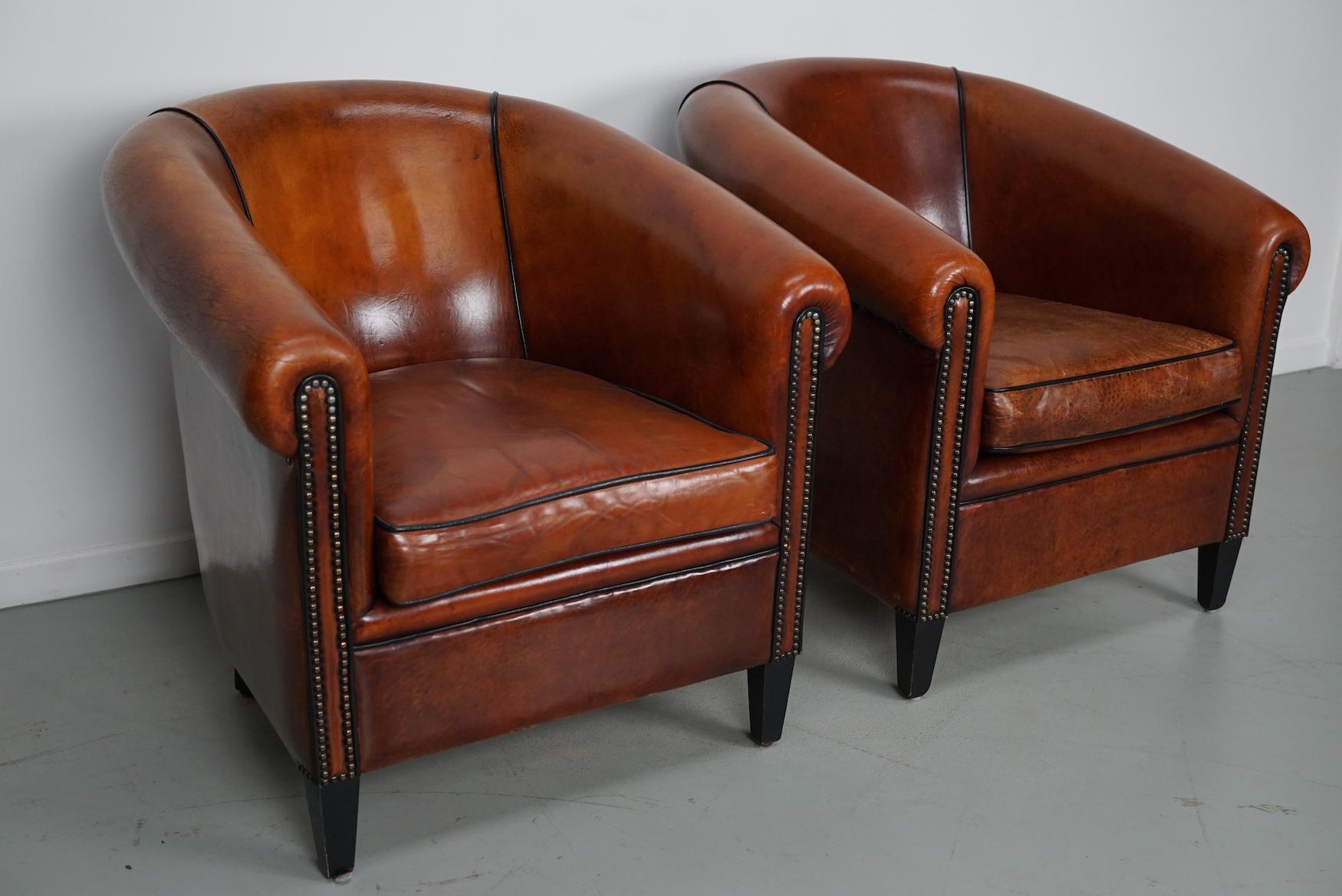 Vintage Dutch Cognac Colored Leather Club Chair, Set of 2 In Good Condition In Nijmegen, NL