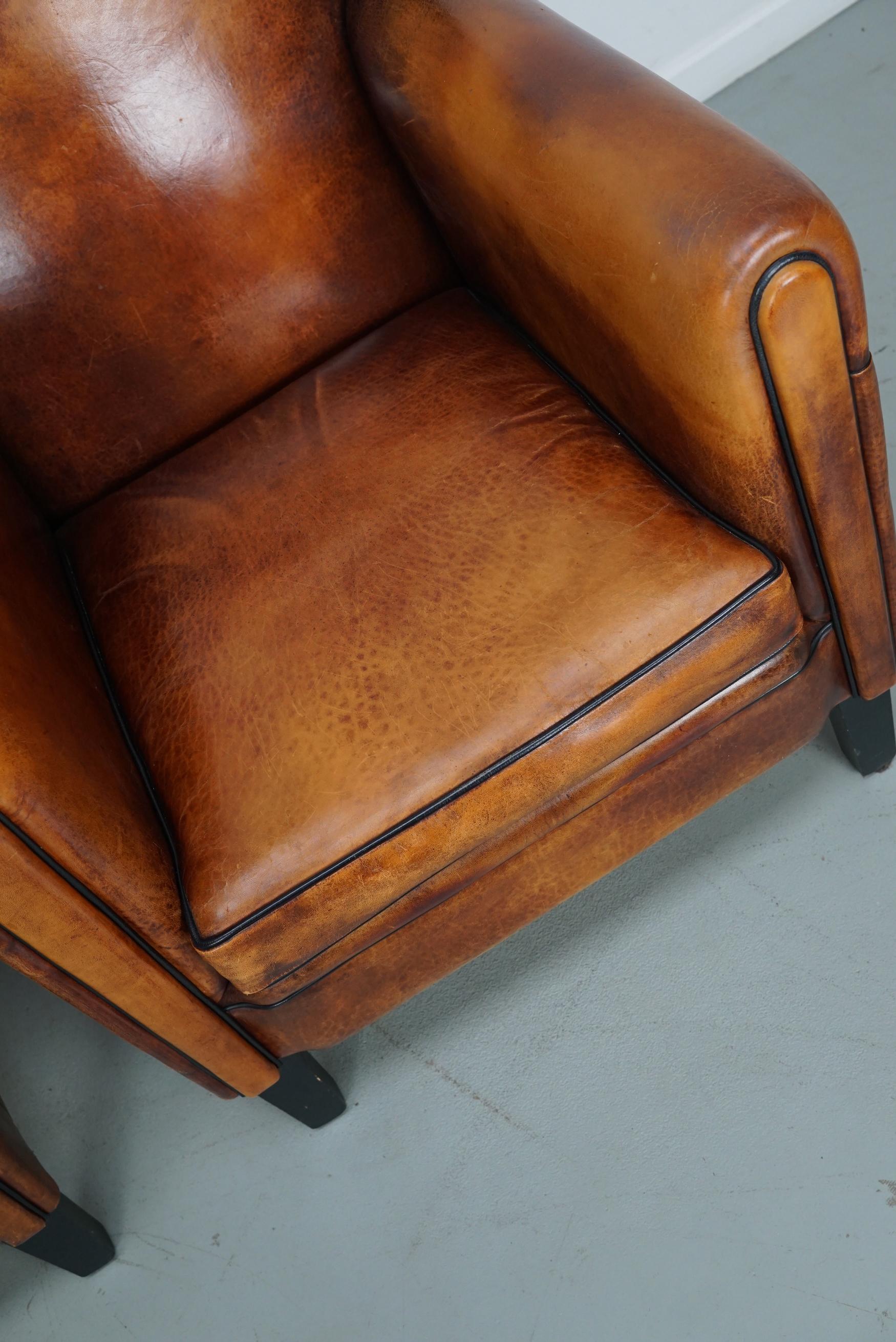 Silla Club Vintage holandesa de cuero color coñac, juego de 2 Holandés en venta