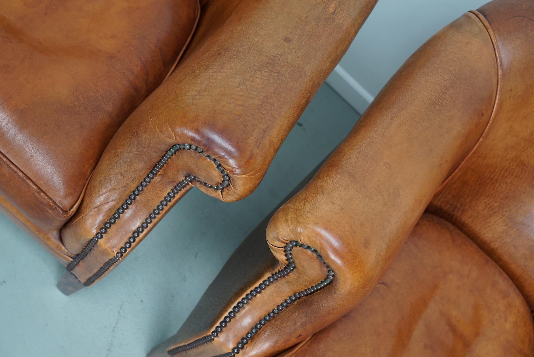 Néerlandais Fauteuil club néerlandais vintage en cuir de couleur cognac, lot de 2