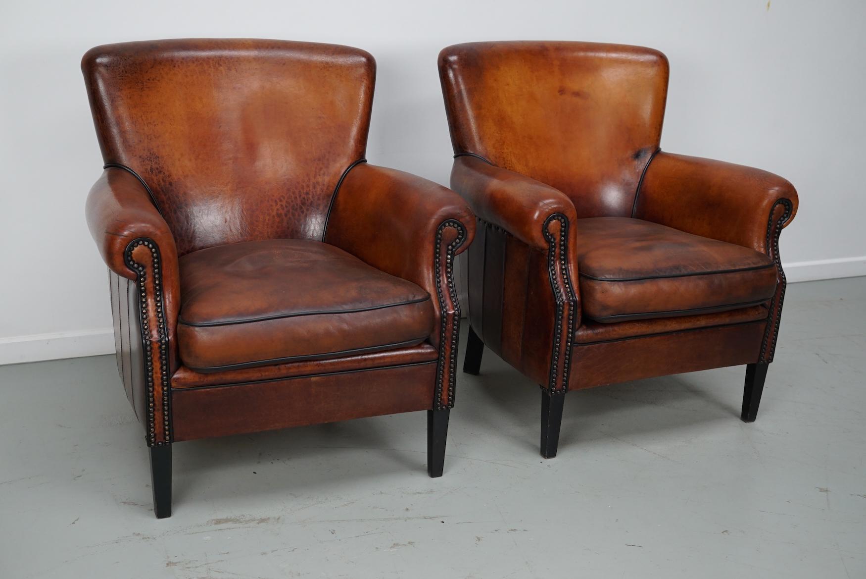 holländischer Cognacfarbener Clubsessel aus Leder, 2er-Set (Industriell) im Angebot