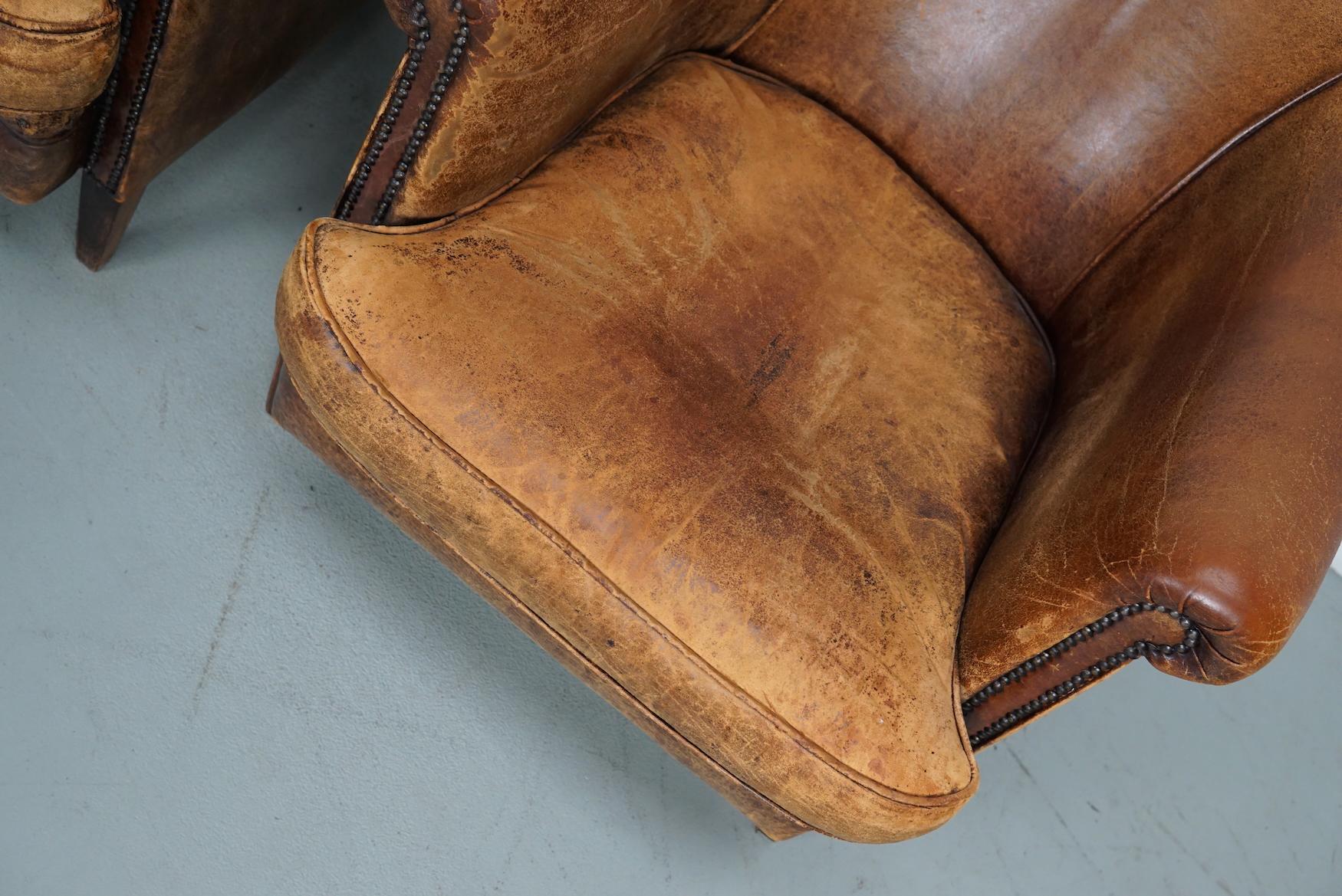 holländischer Cognacfarbener Clubsessel aus Leder, 2er-Set (Niederländisch) im Angebot