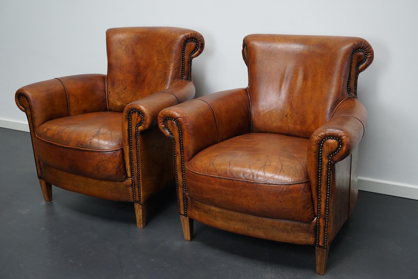 Industrial Vintage Dutch Cognac Colored Leather Club Chair, Set of 2