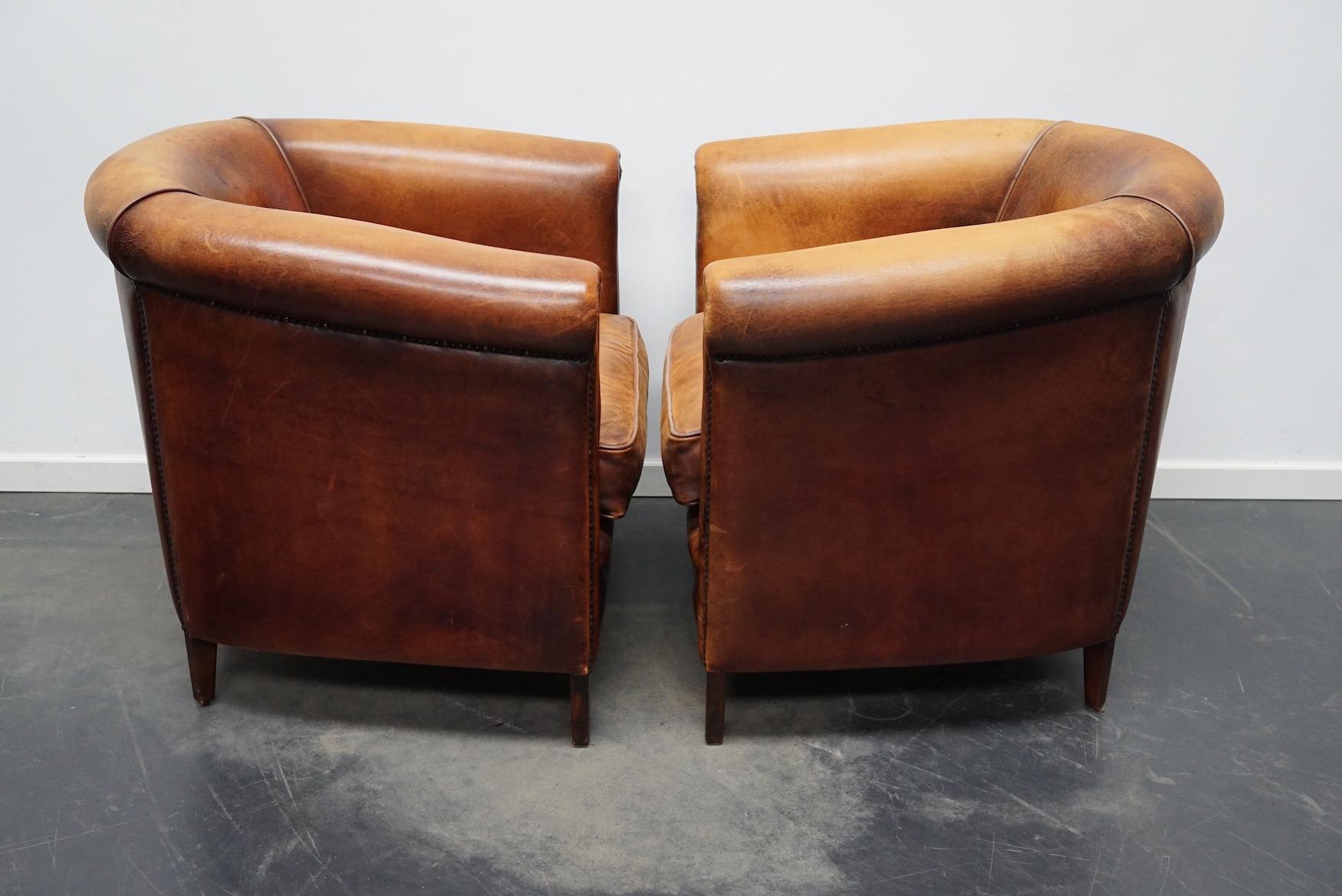 Vintage Dutch Cognac Colored Leather Club Chair, Set of 2 In Good Condition For Sale In Nijmegen, NL