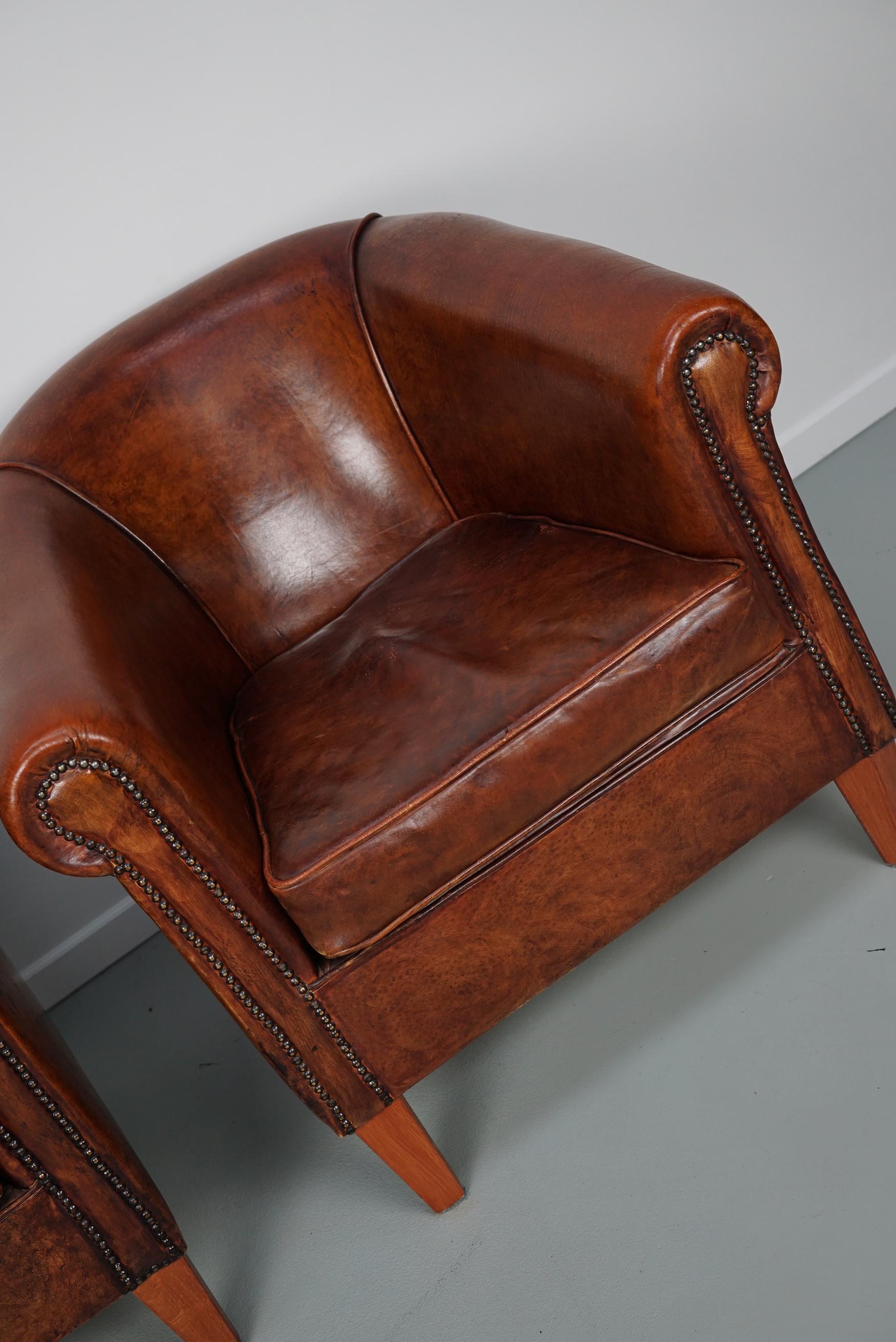 Vintage Dutch Cognac Colored Leather Club Chair, Set of 2 In Good Condition In Nijmegen, NL