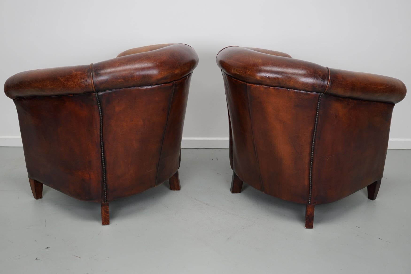 European Vintage Dutch Cognac Colored Leather Club Chair, Set of 2