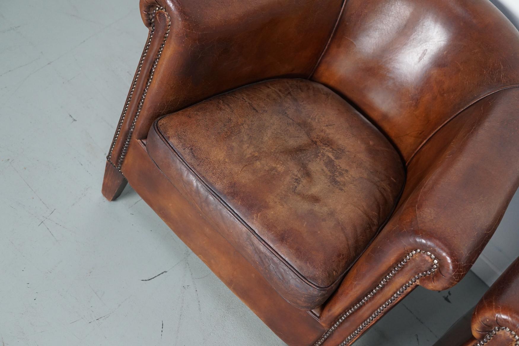 Vintage Dutch Cognac Colored Leather Club Chair, Set of 2 In Good Condition In Nijmegen, NL