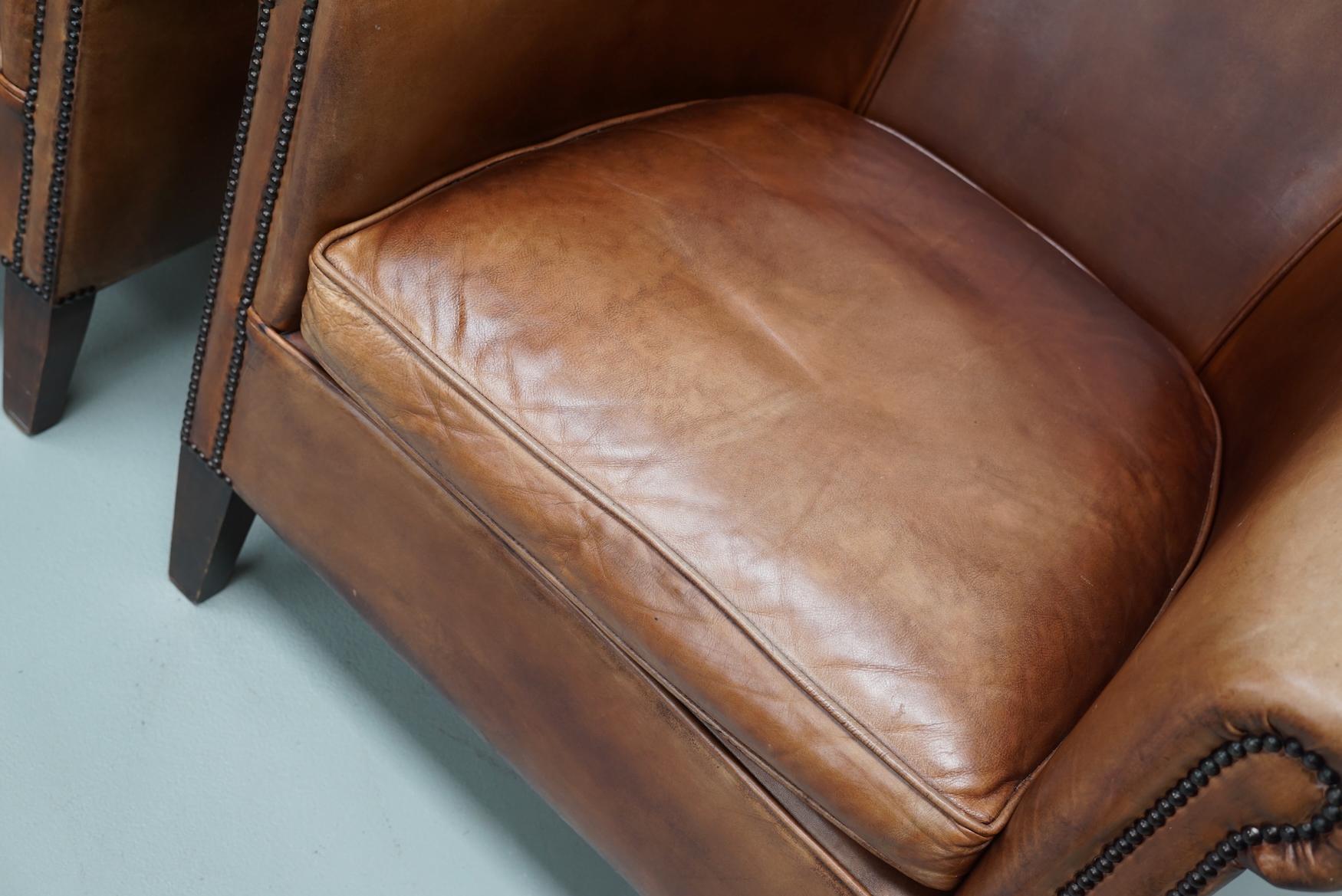 Late 20th Century Vintage Dutch Cognac Colored Leather Club Chair, Set of 2