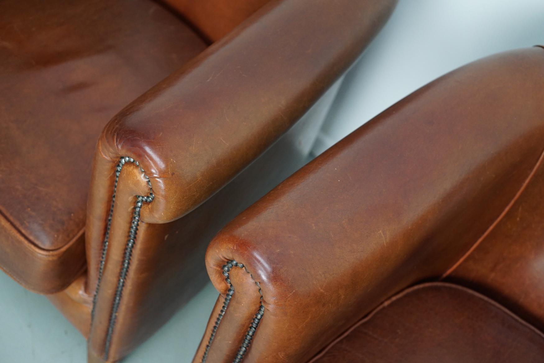 Late 20th Century Vintage Dutch Cognac Colored Leather Club Chair, Set of 2