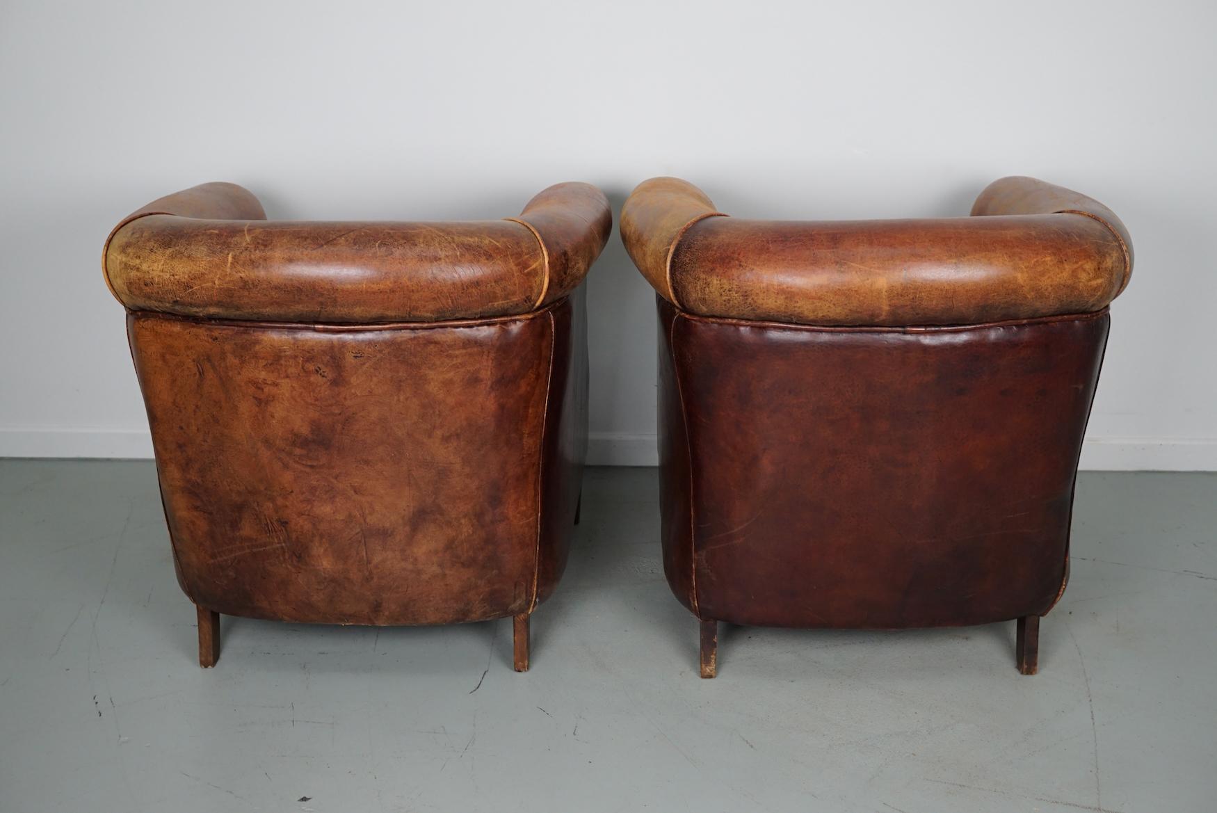 Vintage Dutch Cognac Colored Leather Club Chair, Set of 2 In Good Condition For Sale In Nijmegen, NL