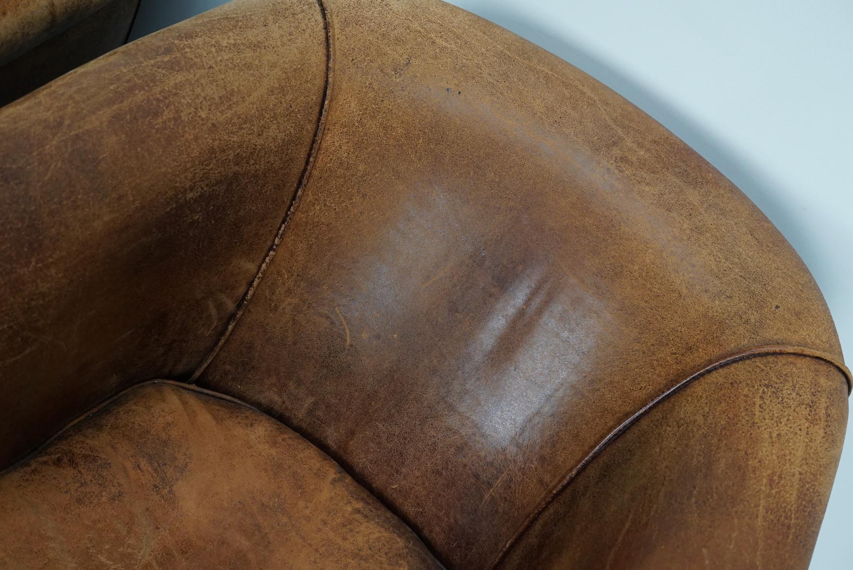 Late 20th Century Vintage Dutch Cognac Colored Leather Club Chair, Set of 2