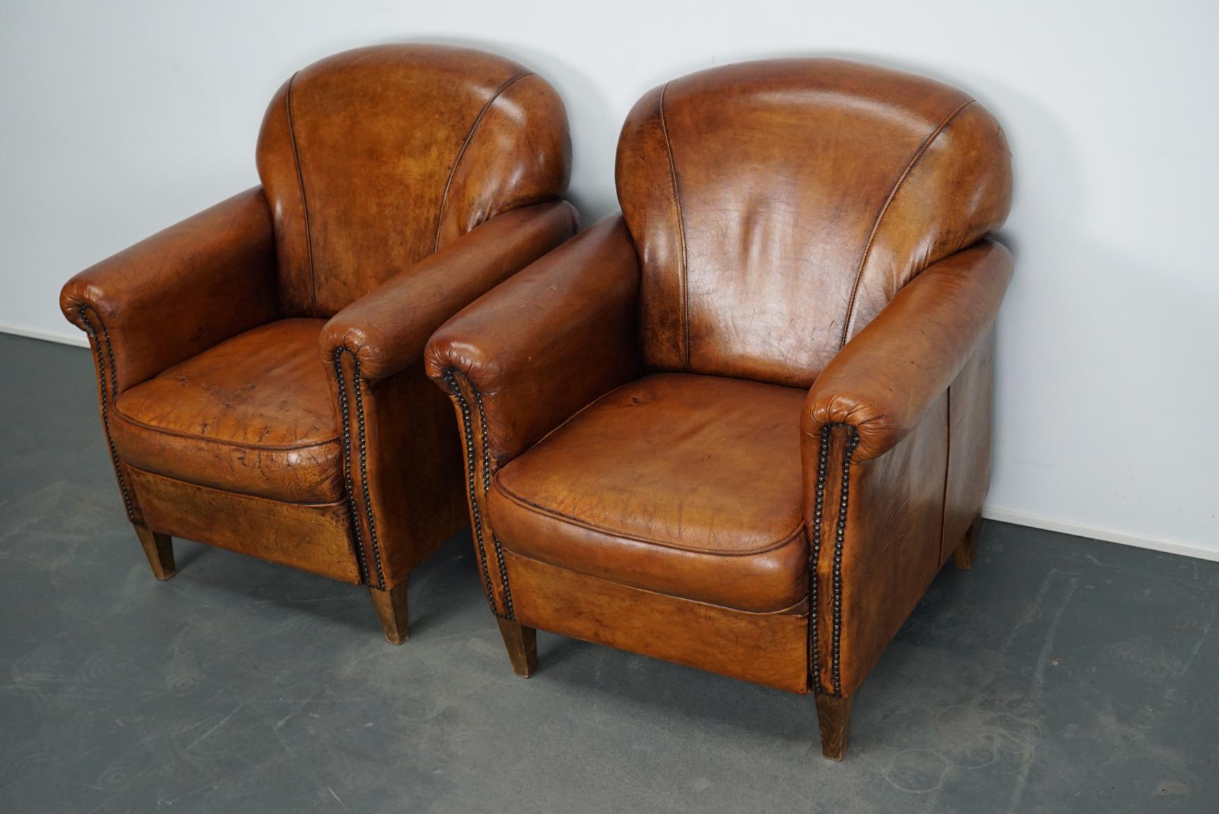 Late 20th Century Vintage Dutch Cognac-Colored Leather Club Chair, Set of 2