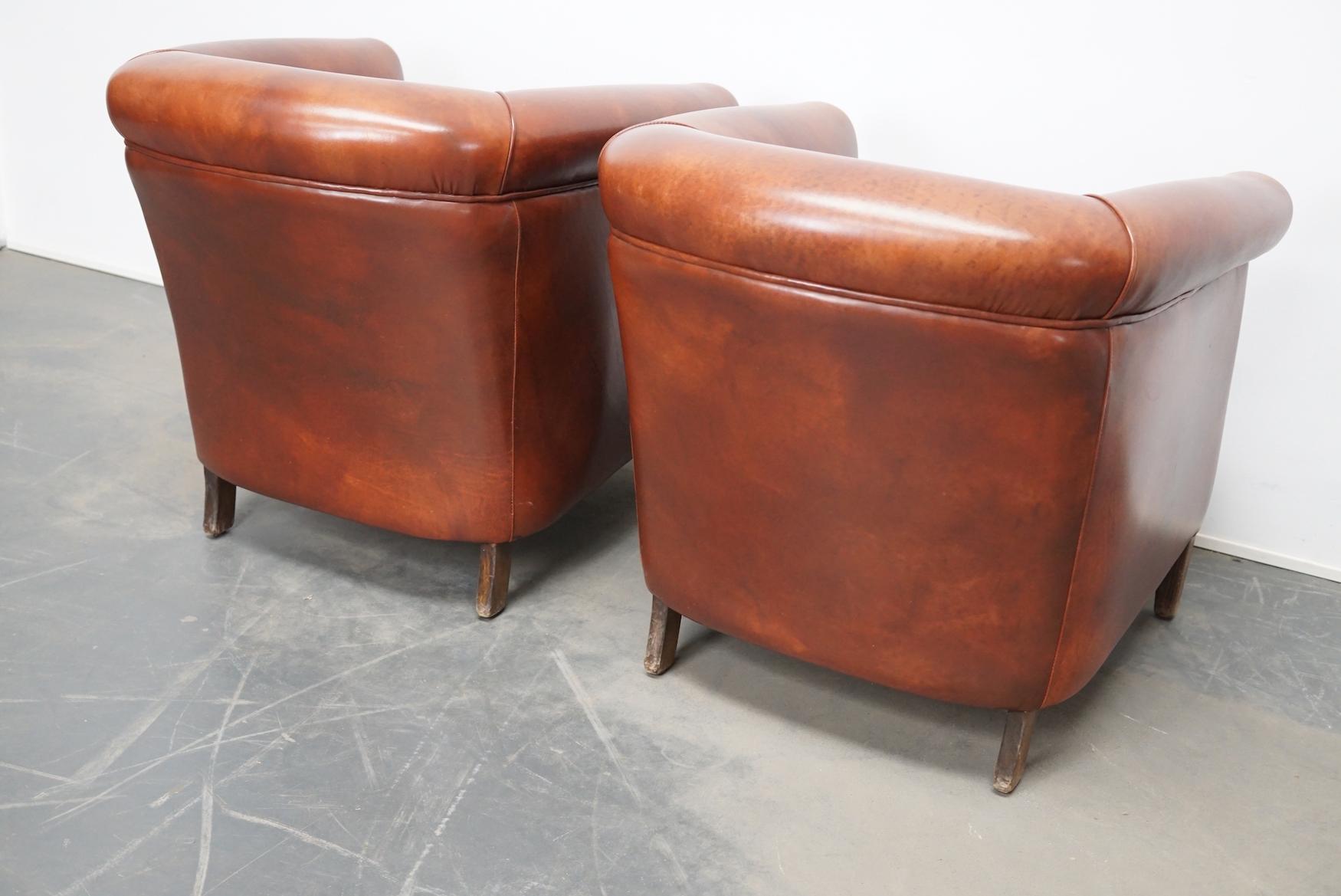 Late 20th Century Vintage Dutch Cognac Colored Leather Club Chair, Set of 2