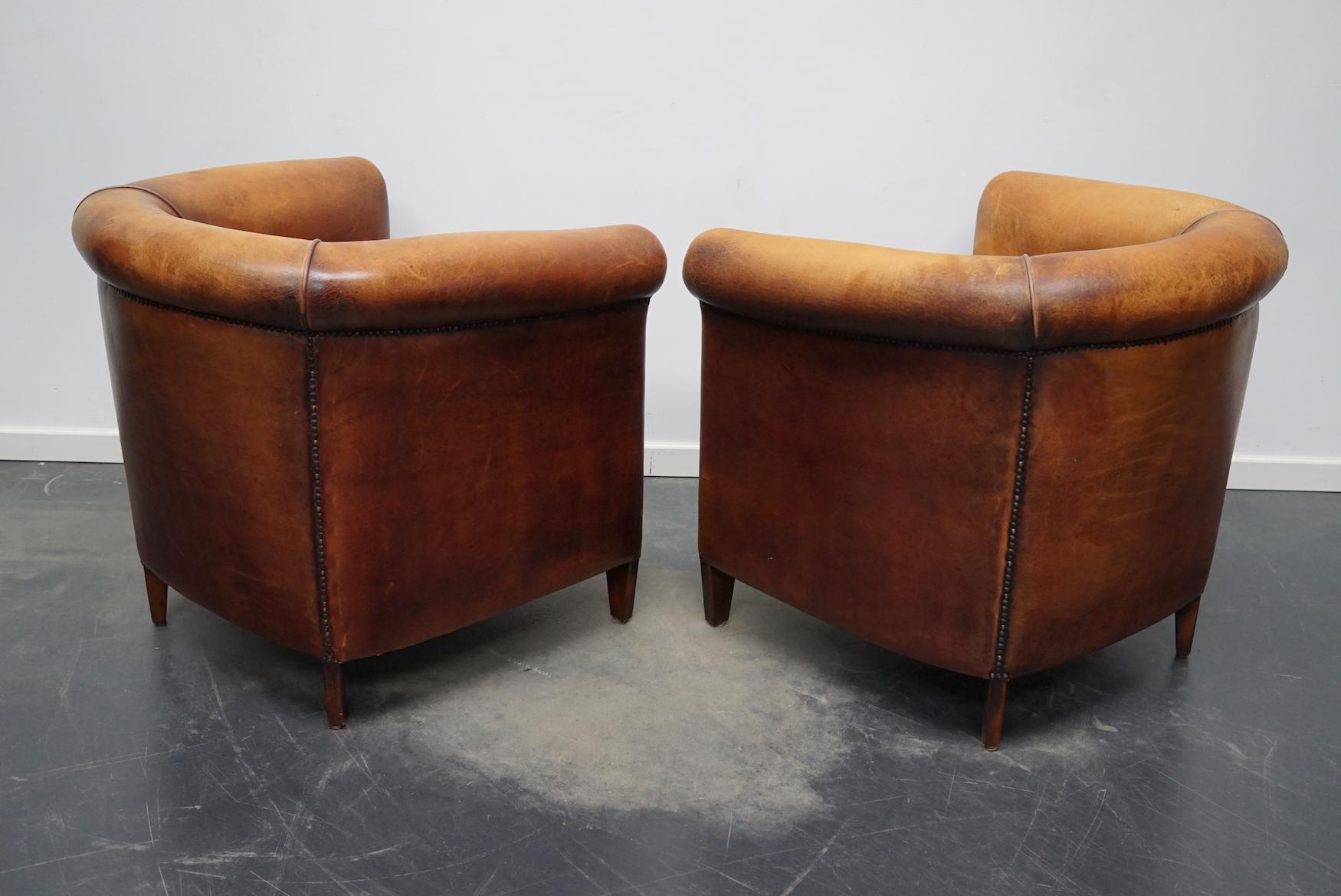 Late 20th Century Vintage Dutch Cognac Colored Leather Club Chair, Set of 2