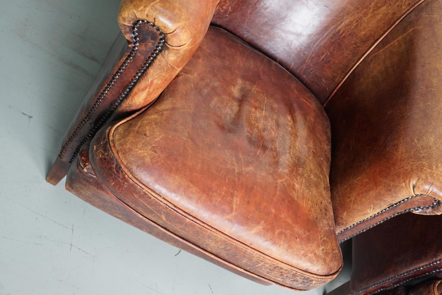 Late 20th Century Vintage Dutch Cognac Colored Leather Club Chair, Set of 2