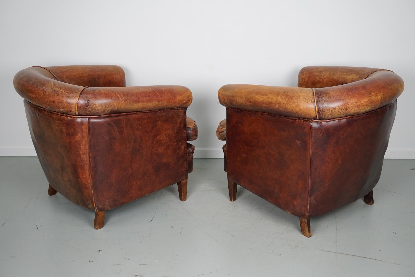 Late 20th Century Vintage Dutch Cognac Colored Leather Club Chair, Set of 2 For Sale
