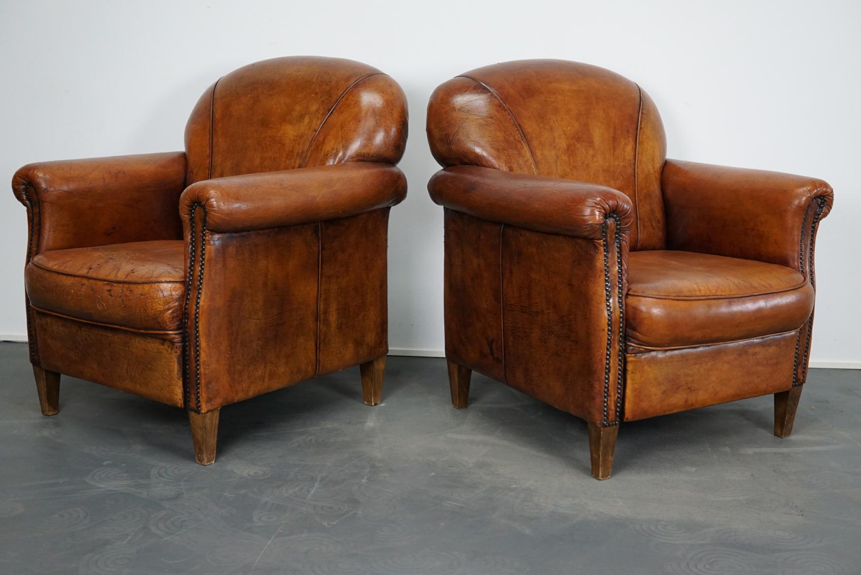 Vintage Dutch Cognac-Colored Leather Club Chair, Set of 2 1