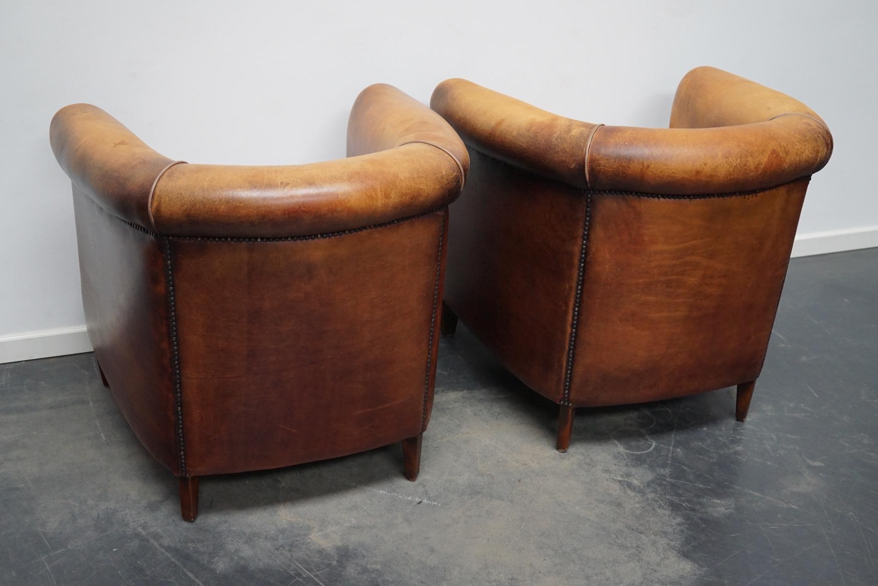 Vintage Dutch Cognac Colored Leather Club Chair, Set of 2 For Sale 1