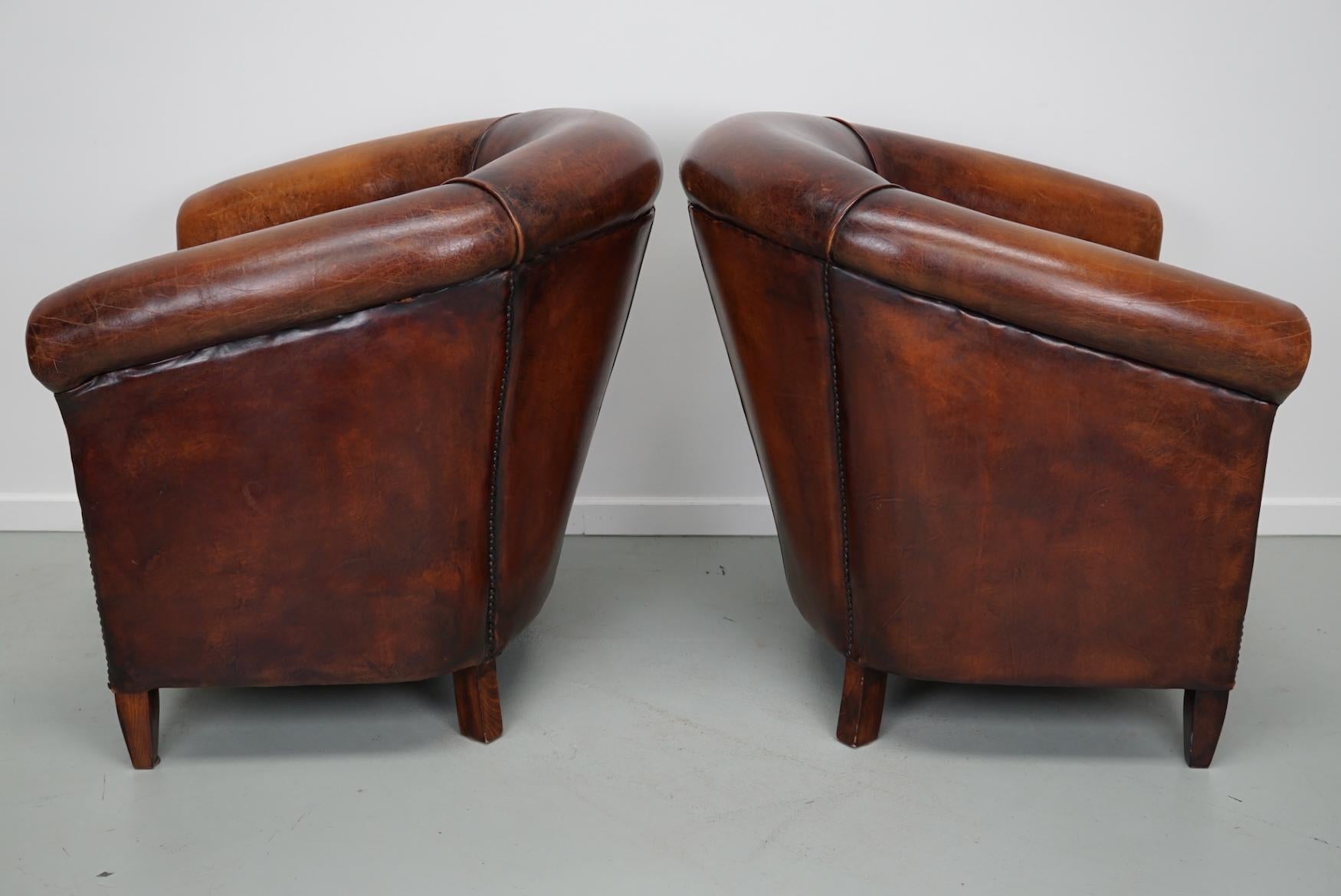 Late 20th Century Vintage Dutch Cognac Colored Leather Club Chair, Set of 2