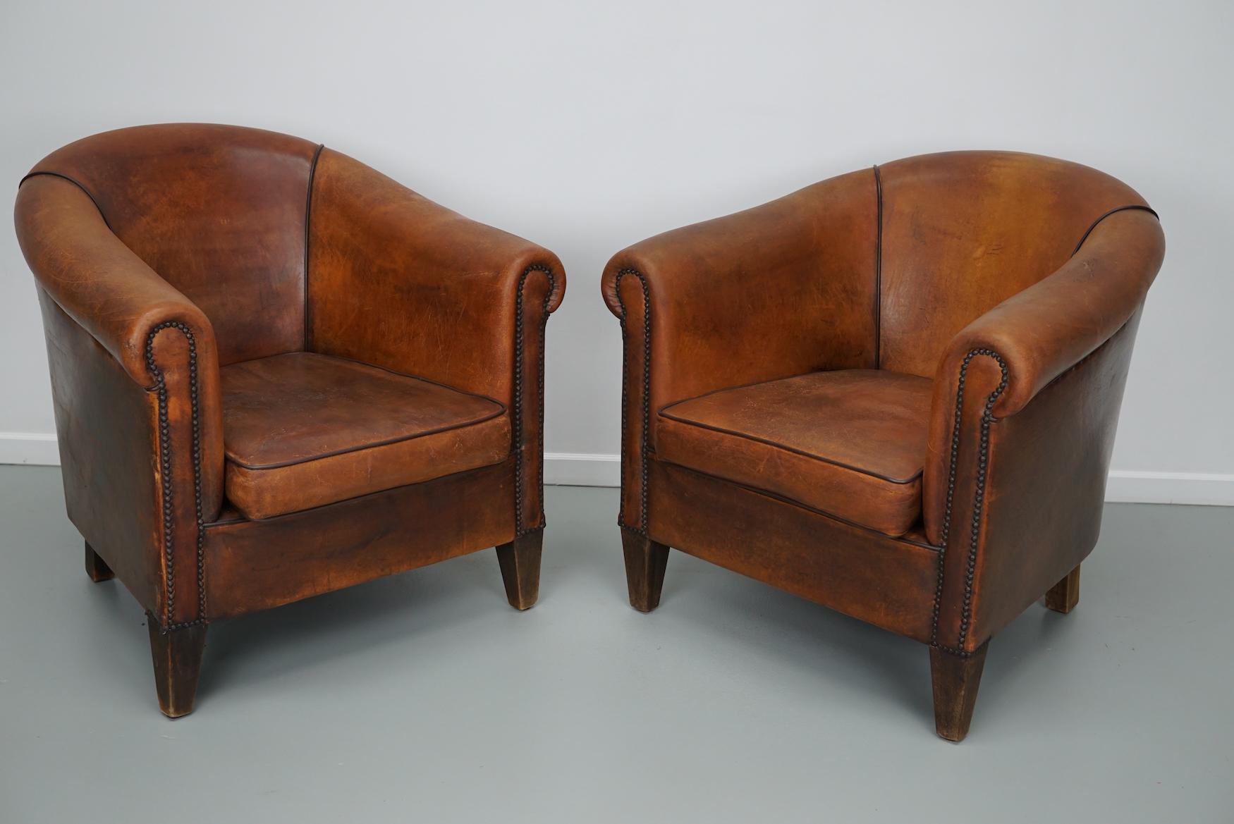 Vintage Dutch Cognac Colored Leather Club Chair, Set of 2 3