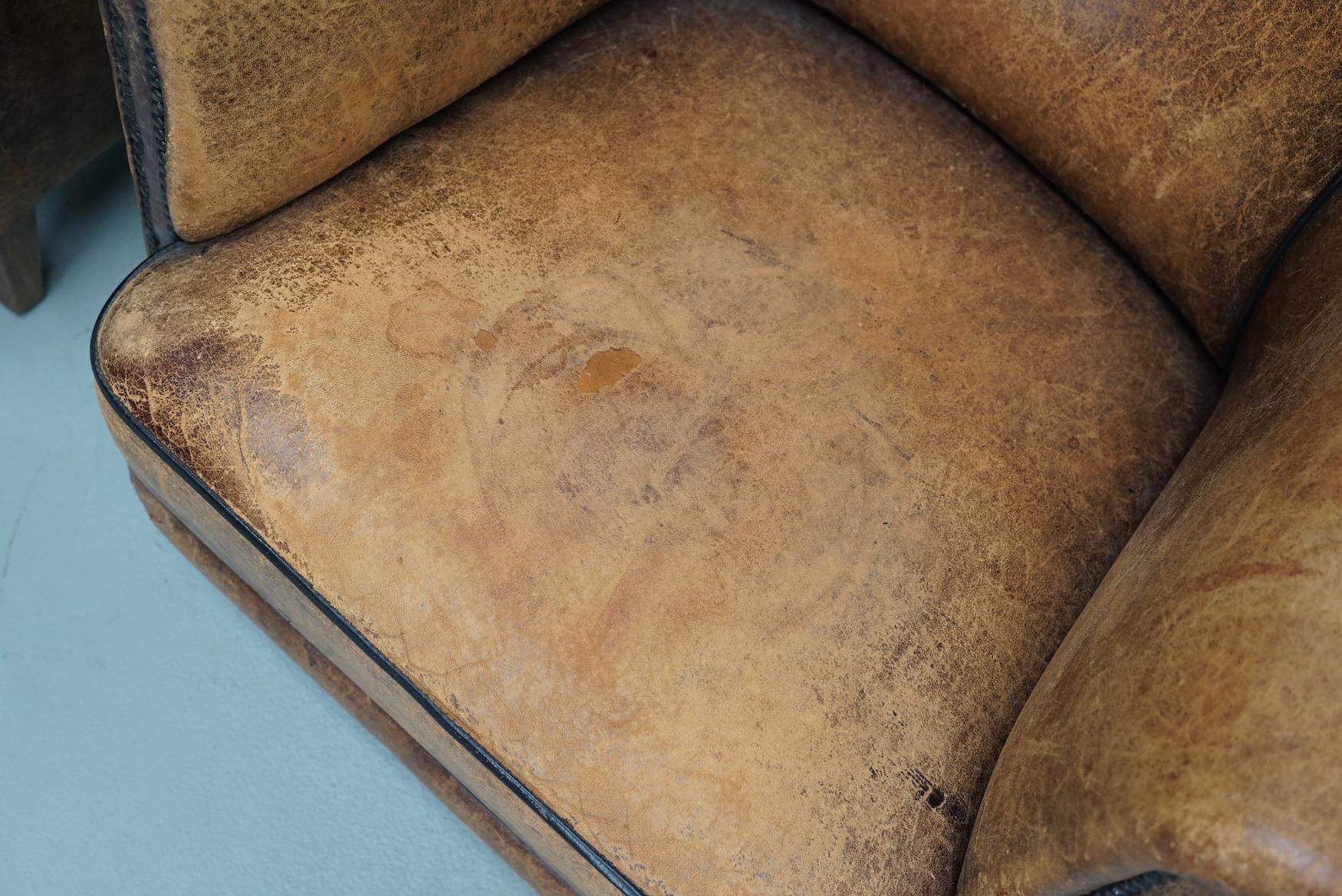 Vintage Dutch Cognac Colored Leather Club Chair, Set of 2 For Sale 1