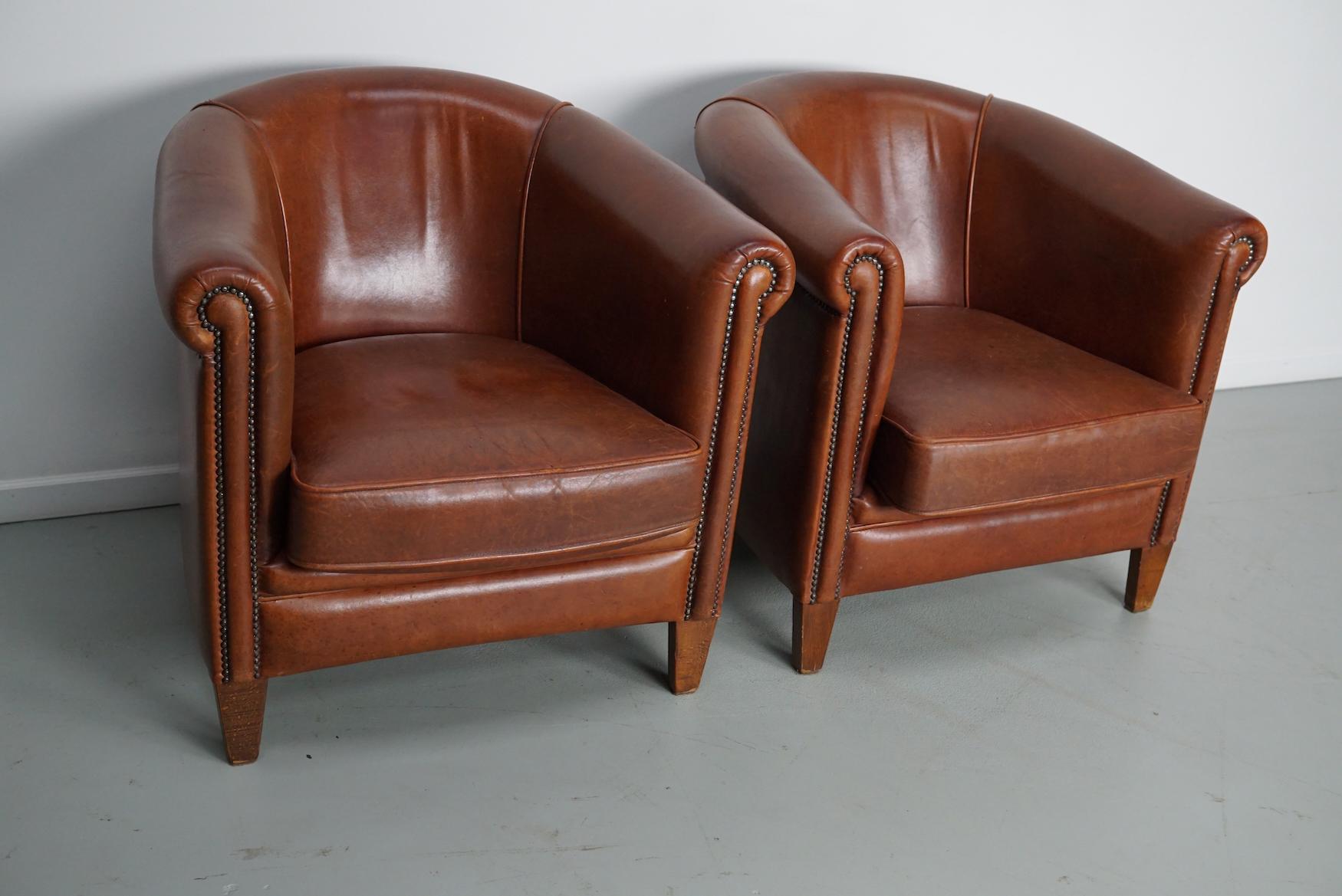 Vintage Dutch Cognac Colored Leather Club Chair, Set of 2 2
