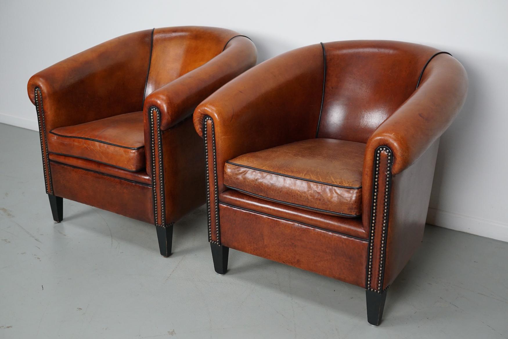 Vintage Dutch Cognac Colored Leather Club Chair, Set of 2 2