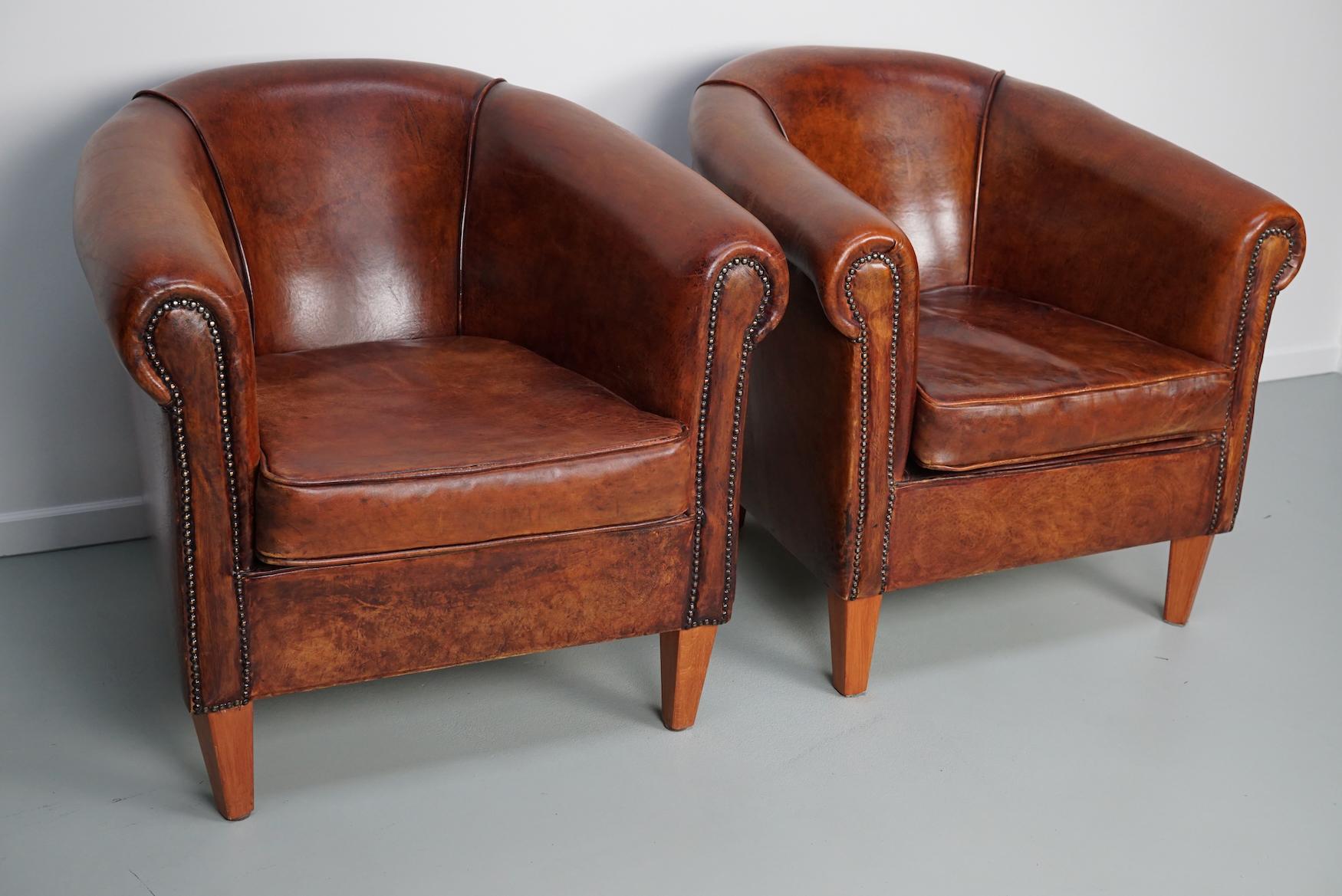 Vintage Dutch Cognac Colored Leather Club Chair, Set of 2 2